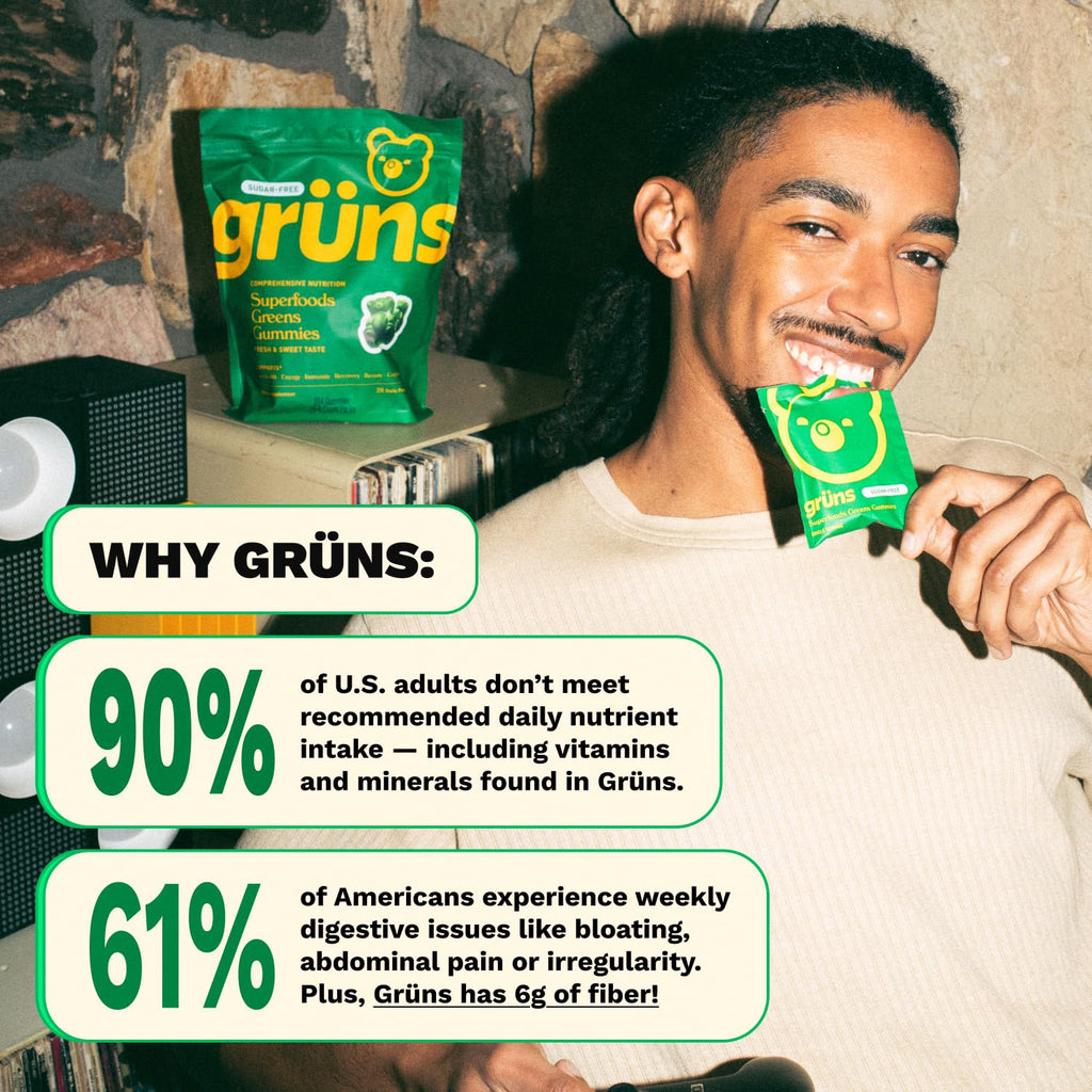 Gruns Adults Super Greens Gummies, Multivitamin Superfood Gummy Bears, Spirulina, Chlorella, Prebiotics & Fiber Gummies for Digestive Health GrünsBuy Supplements Australia