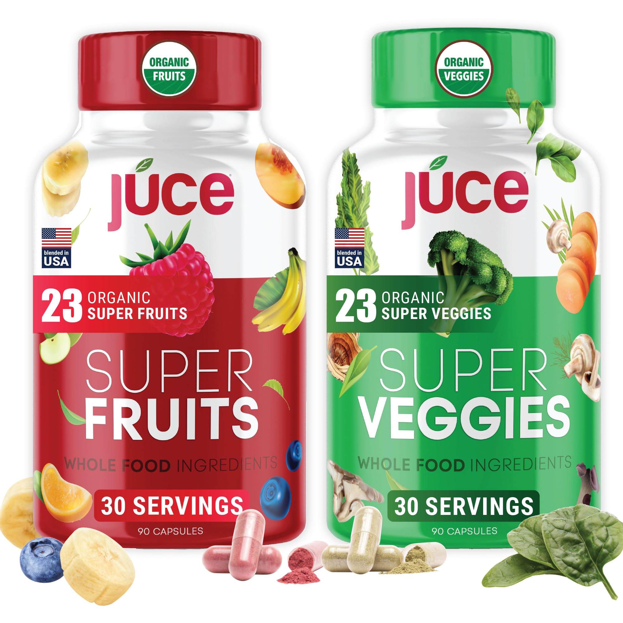 Juce Original Formula - Organic Super Fruit & Veggies Supplement - Gluten/Gelatin Free, Soy Free & Vegan- Reds & Greens Superfood Capsules- 23 Fruits & 23 Vegetables (180 Count)- By Terra Kai Organics Terra Kai Organics buy supplements Au