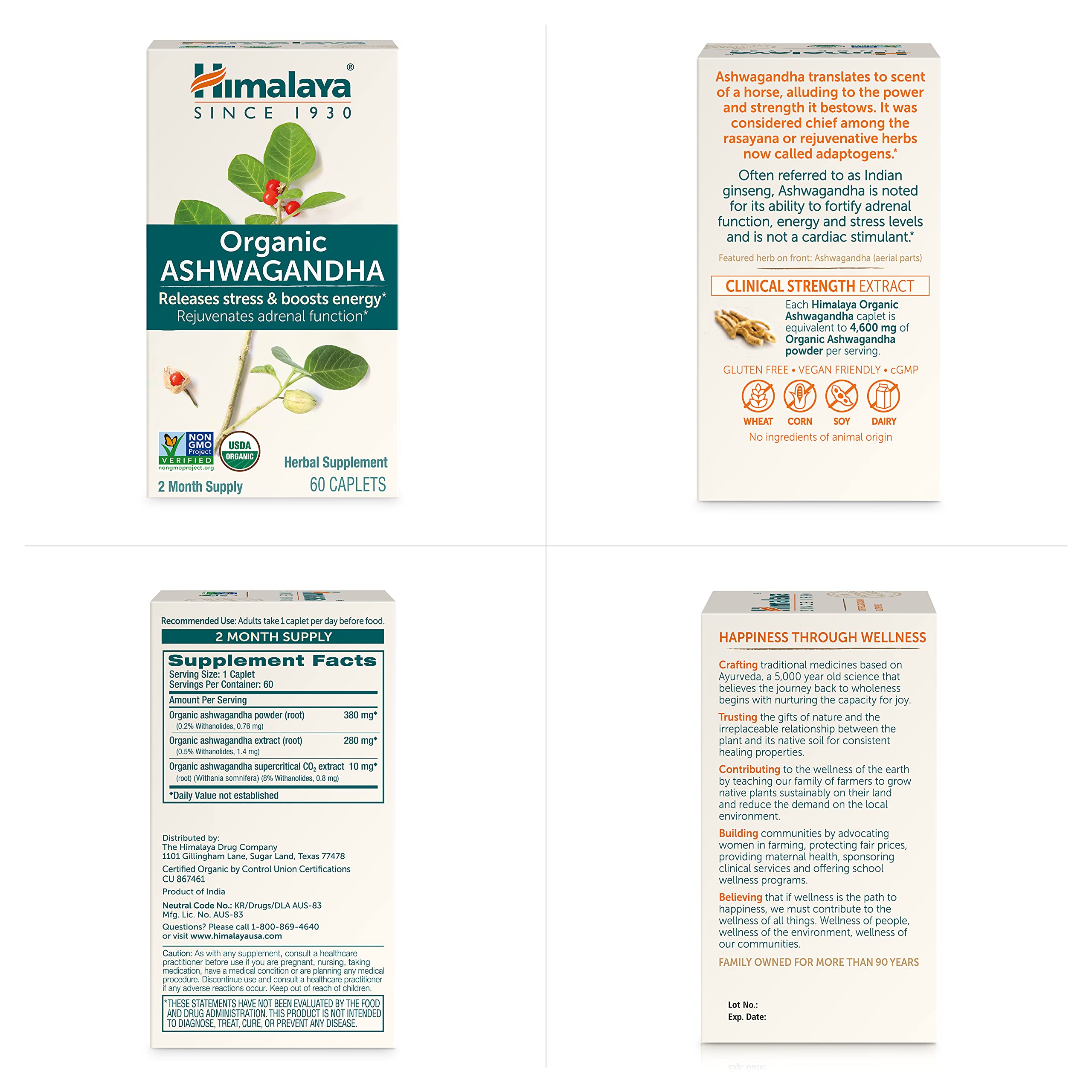Himalaya Organic Ashwagandha Root, 120 Day Supply - Herbal Adrenal Support Supplements for Stress Relief and Energy Support - USDA Organic, Non-GMO, Vegan, Gluten Free, 60 Caplets, 2 Pack HimalayaBuy Supplements Australia