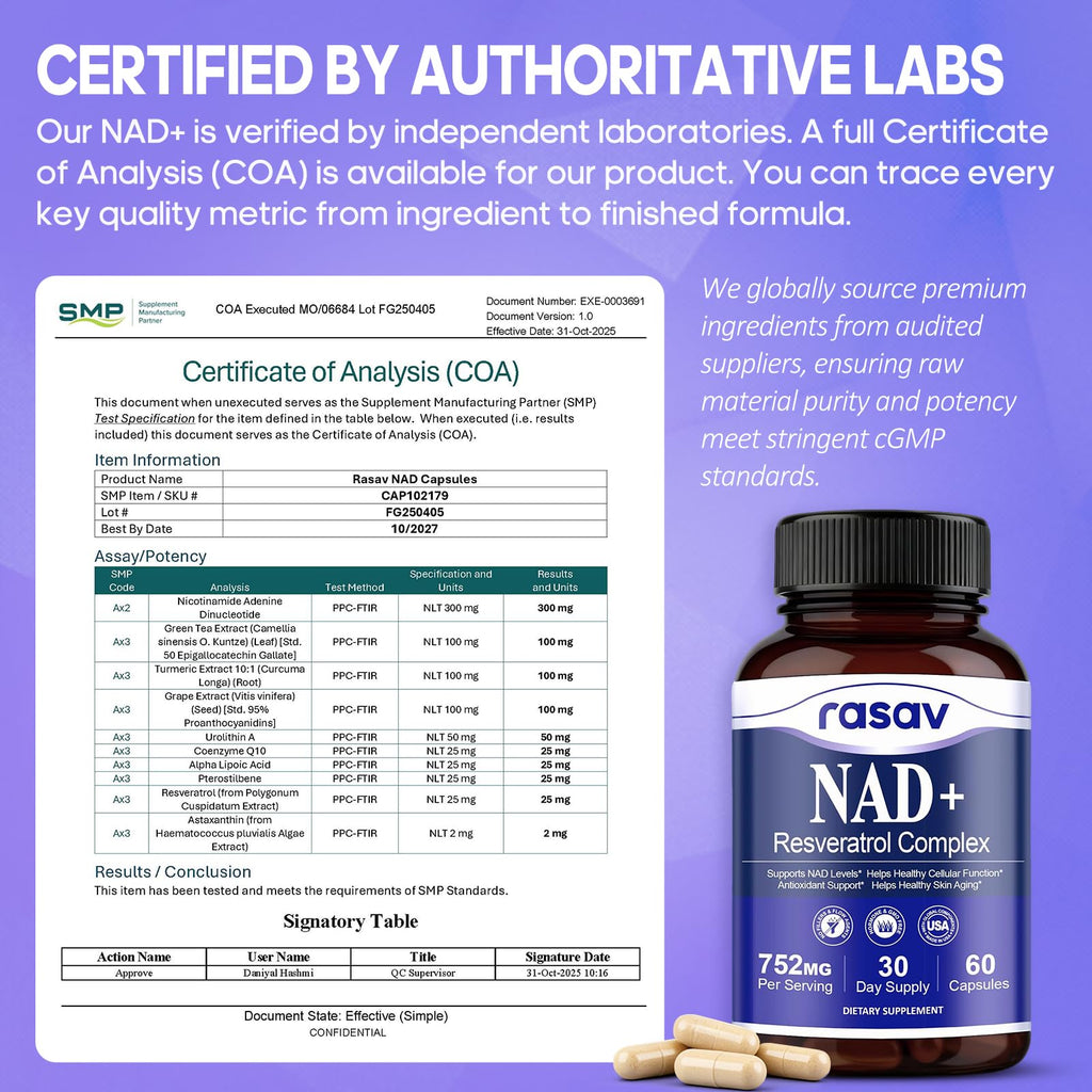 Rasav NAD Supplement 10-in-1 Extra Strength – NAD Resveratrol with CoQ10, Urolithin A, Green Tea Extract & ALA – NMN Supplement Alternative for Women & Men RasavBuy Supplements Australia