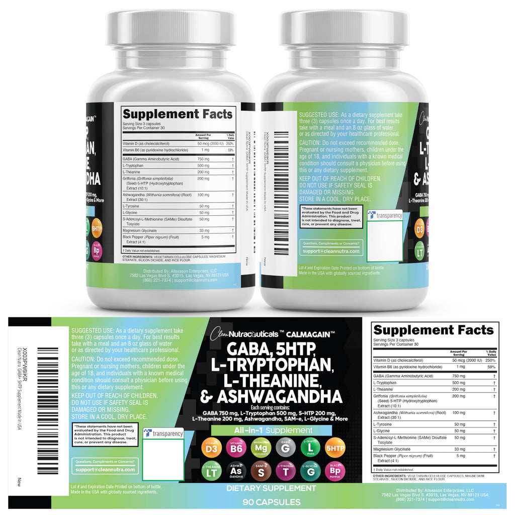 Clean Nutraceuticals GABA 750mg 5 HTP 200mg L Tryptophan 500mg L Theanine 200mg Ashwagandha SAM-e L-Glycine - Mood Support Vitamins for Women and Men with L-Tyrosine 5-HTP