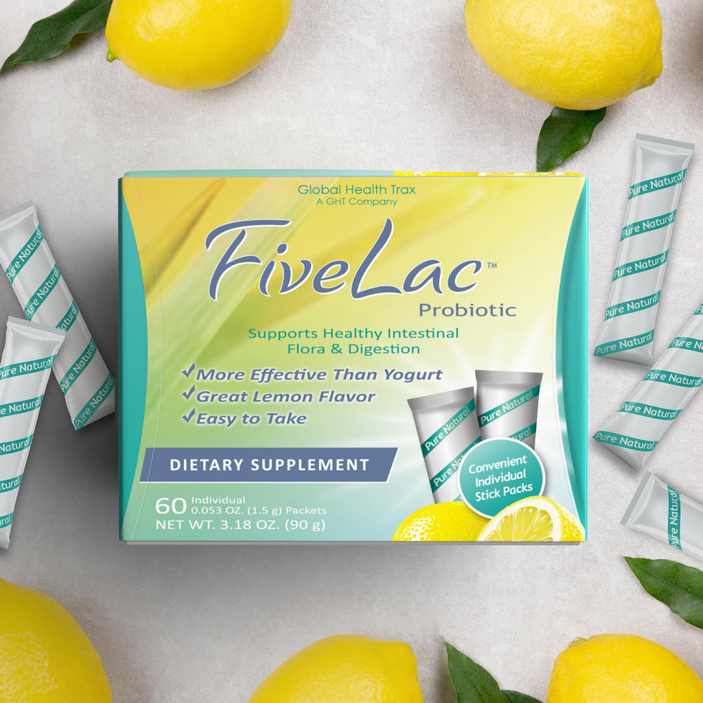 Global Health Trax GHT - FiveLac Lemon Probiotic Powder Drink Mix, Probiotics for Women, Men & Kids - Smooth Digestive Support & Elimination - Relieves Constipation & Gas - 60 Packets (2 Pack) Non-GMO ght Global Health TraxBuy Supplements Australia