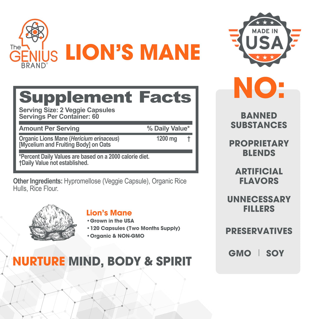 Genius Lions Mane Supplement Capsules - Organic Nootropic Supplement, 1200mg per The Genius BrandBuy Supplements Australia