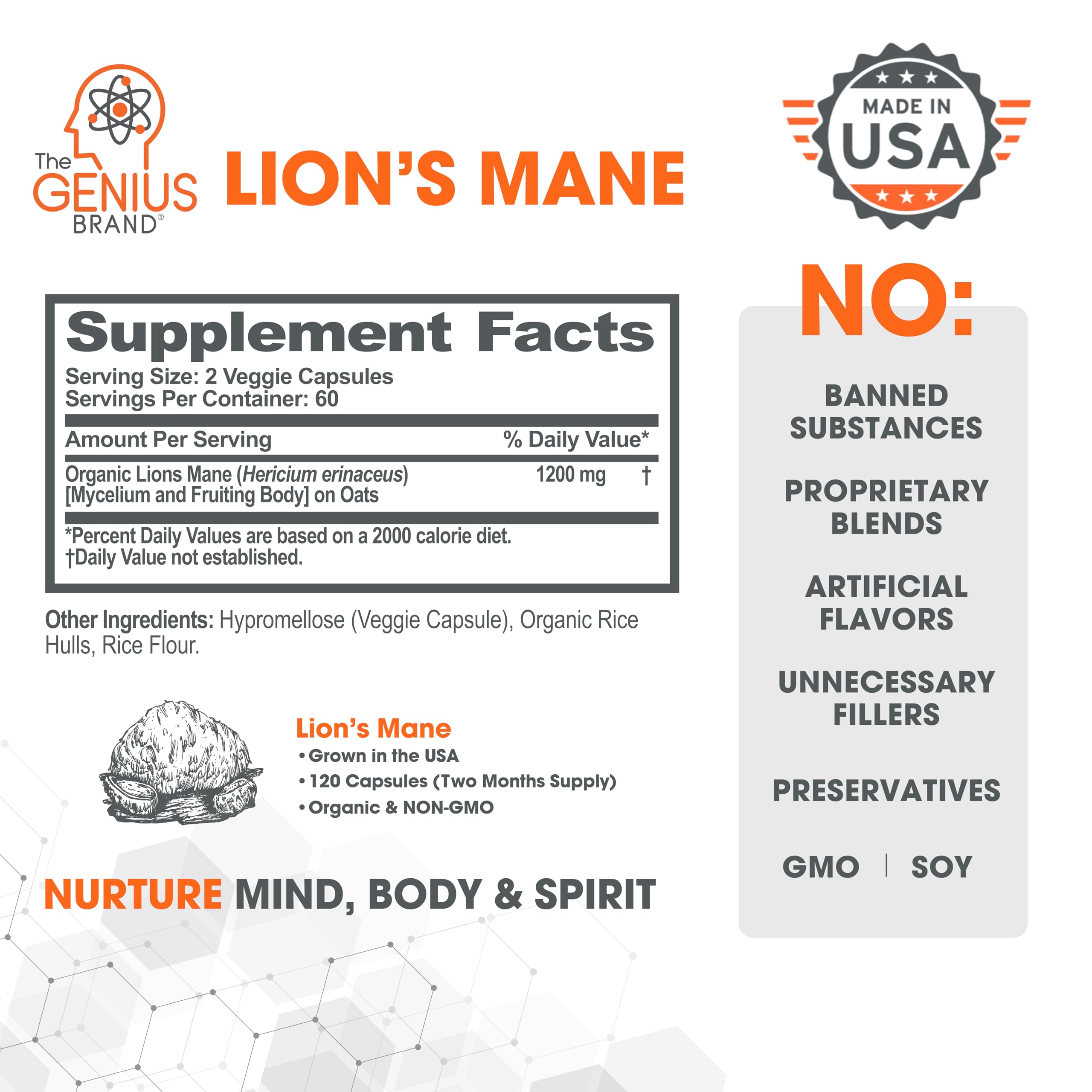 Genius Lions Mane Supplement Capsules - Organic Nootropic Supplement, 1200mg per The Genius BrandBuy Supplements Australia