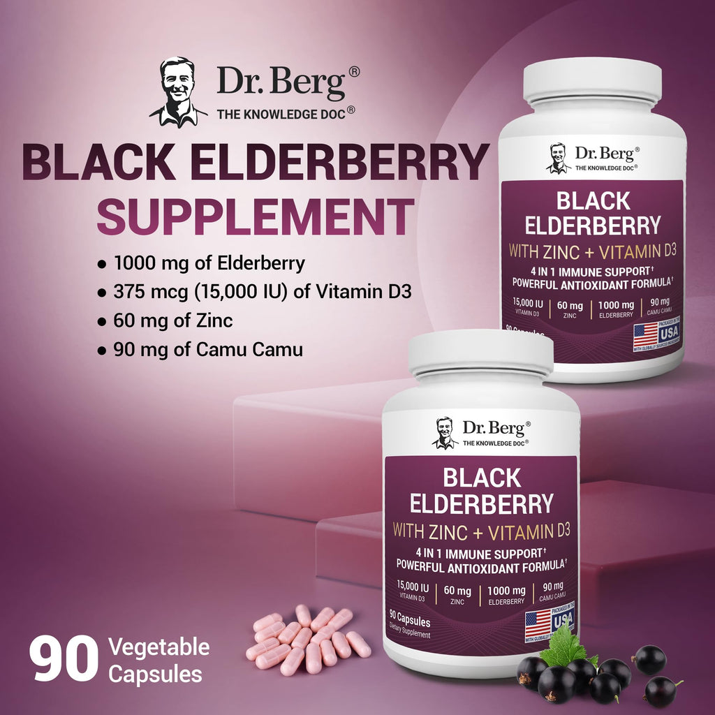 Dr. Berg Black Elderberry Capsules (Advanced Immune Support*) with 15,000 IU Vitamin D, 60 mg of Zinc, & 90 mg of Camu Camu - (4-in-1) Sambucus Elderberry Immune Support Supplement - 90 Capsules Dr. Berg NutritionalsBuy Supplements Australia