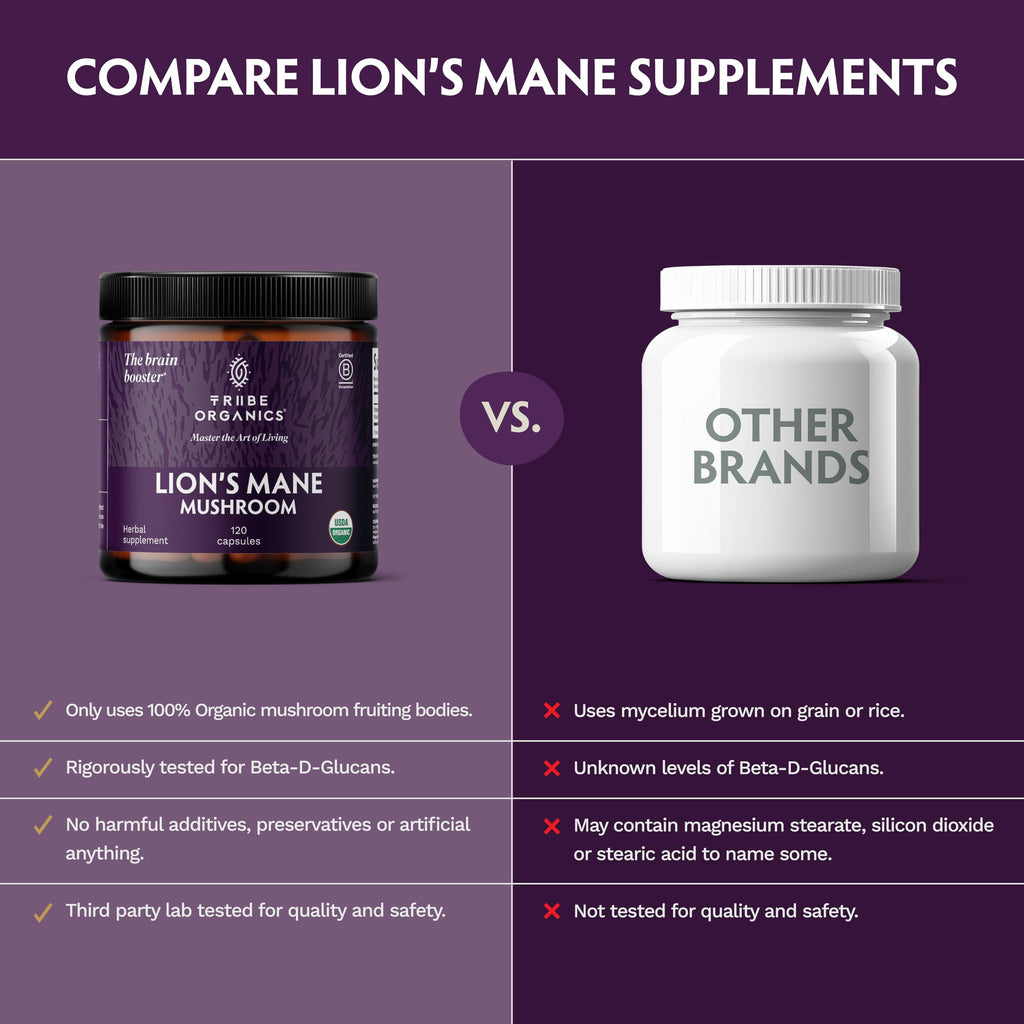 TRIBE ORGANICS Lion’s Mane Supplement 1000mg Mushroom Extract Powder - Immune System Booster & Brain Nootropic for Focus and Memory | Mental Clarity | Natural Energy and Immunity - 120 Vegan Capsules TRIBE ORGANICSBuy Supplements Australia