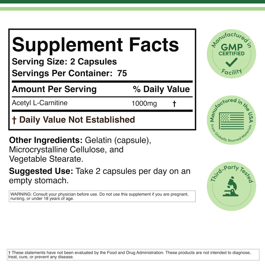 Acetyl L-Carnitine 1,000mg Per Serving, 150 Capsules (ALCAR for Brain Function Support, Memory, Attention, and Stamina) Acetyl L Carnitine That is Third Party Tested by Double Wood Double Wood SupplementsBuy Supplements Australia