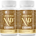 Two bottles of Ligusteri Liposomal NAD+ 1500MG dietary supplements on a white background.
