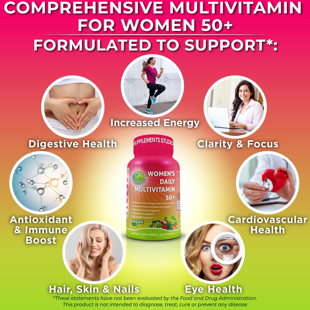 Women's Daily Multivitamin 50 Plus - Vegan Methylated Multivitamin for Women 50 and Over with Biotin, Organic Superfoods & Lutein SUPPLEMENTS STUDIOBuy Supplements Australia