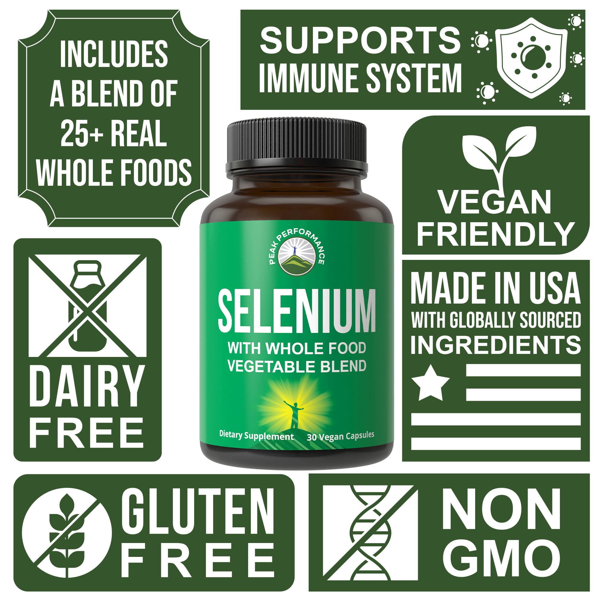 Selenium Supplement with Whole Food Blend of 25+ Vegetables and Fruits for Max Absorption. Pure Selenium Vegan Capsules for Immune System, Thyroid Support, Heart Health, Prostate Support. 30 Pills Peak PerformanceBuy Supplements Australia