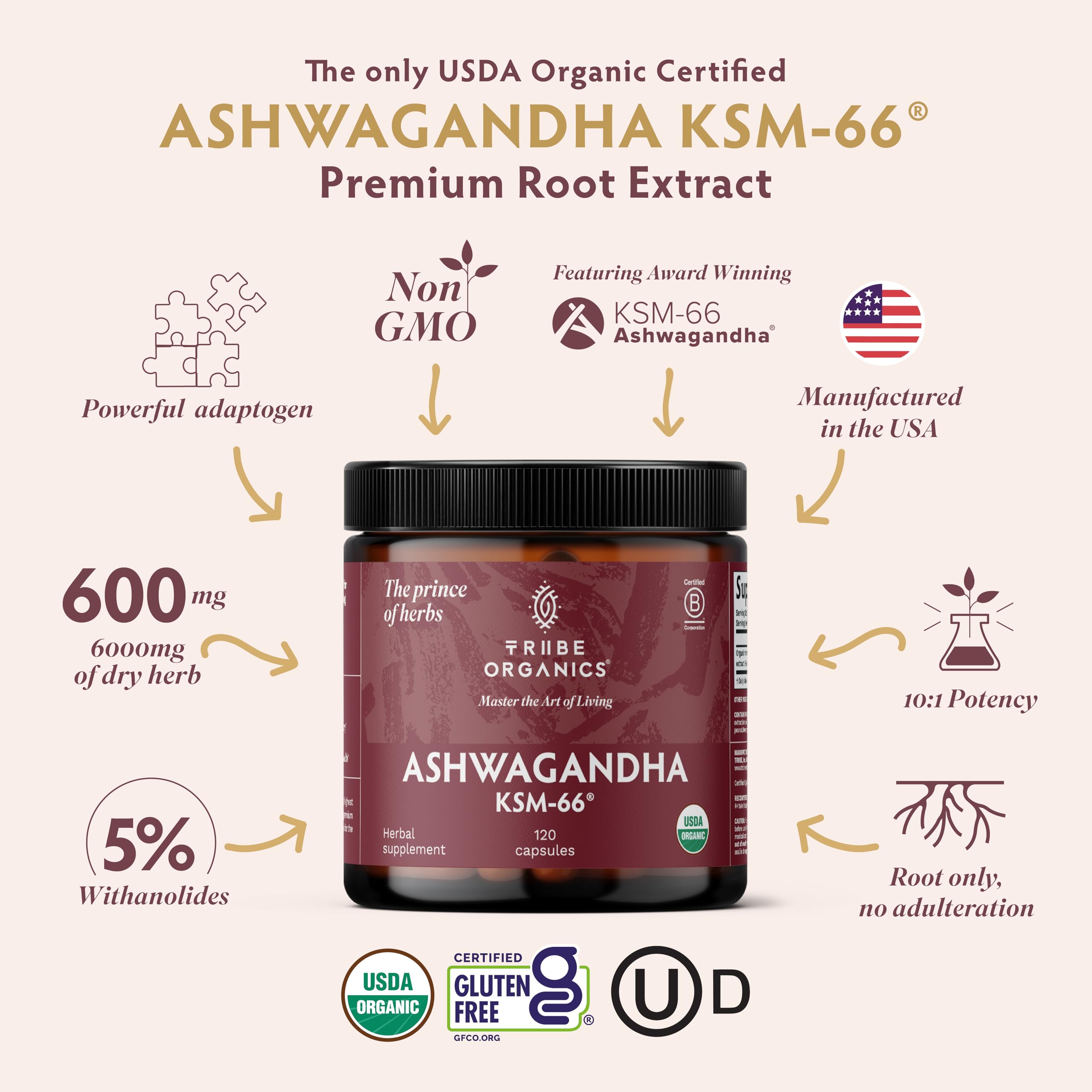 TRIBE ORGANICS Ashwagandha KSM 66 Pure Organic Root Powder Extract Ayurvedic Supplement - Focus, Mood Support, Increase Energy, Strength, 600mg of Natural KSM66 for Superior Absorption - 120 Capsules TRIBE ORGANICSBuy Supplements Australia
