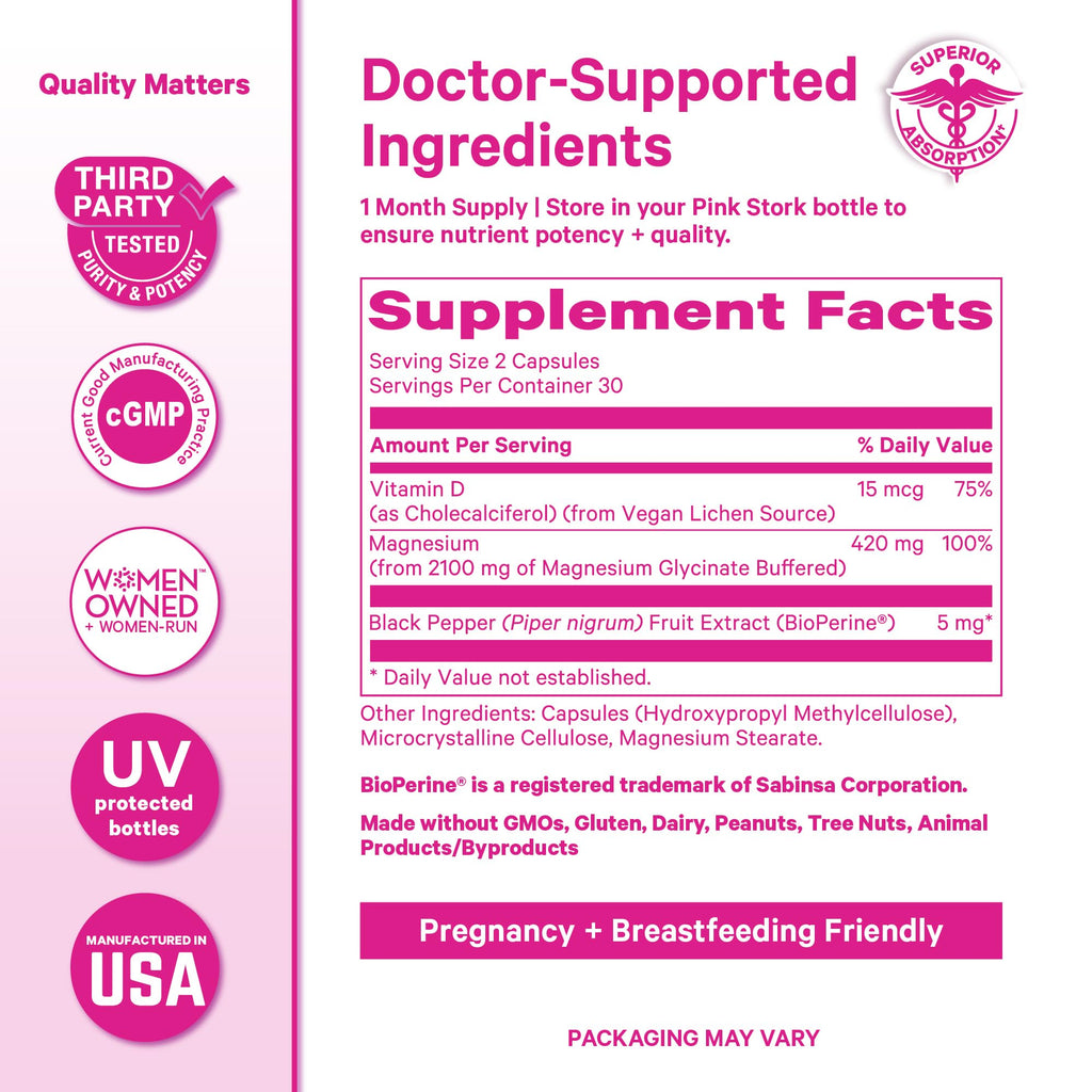 Pink Stork Magnesium Glycinate with Vitamin D - Magnesium Supplement for Women to Support Natural Calm, Mood, and Sleep - Hormone Balance for Women - 60 Capsules, Berry Essence, 1 Month Supply Pink StorkBuy Supplements Australia