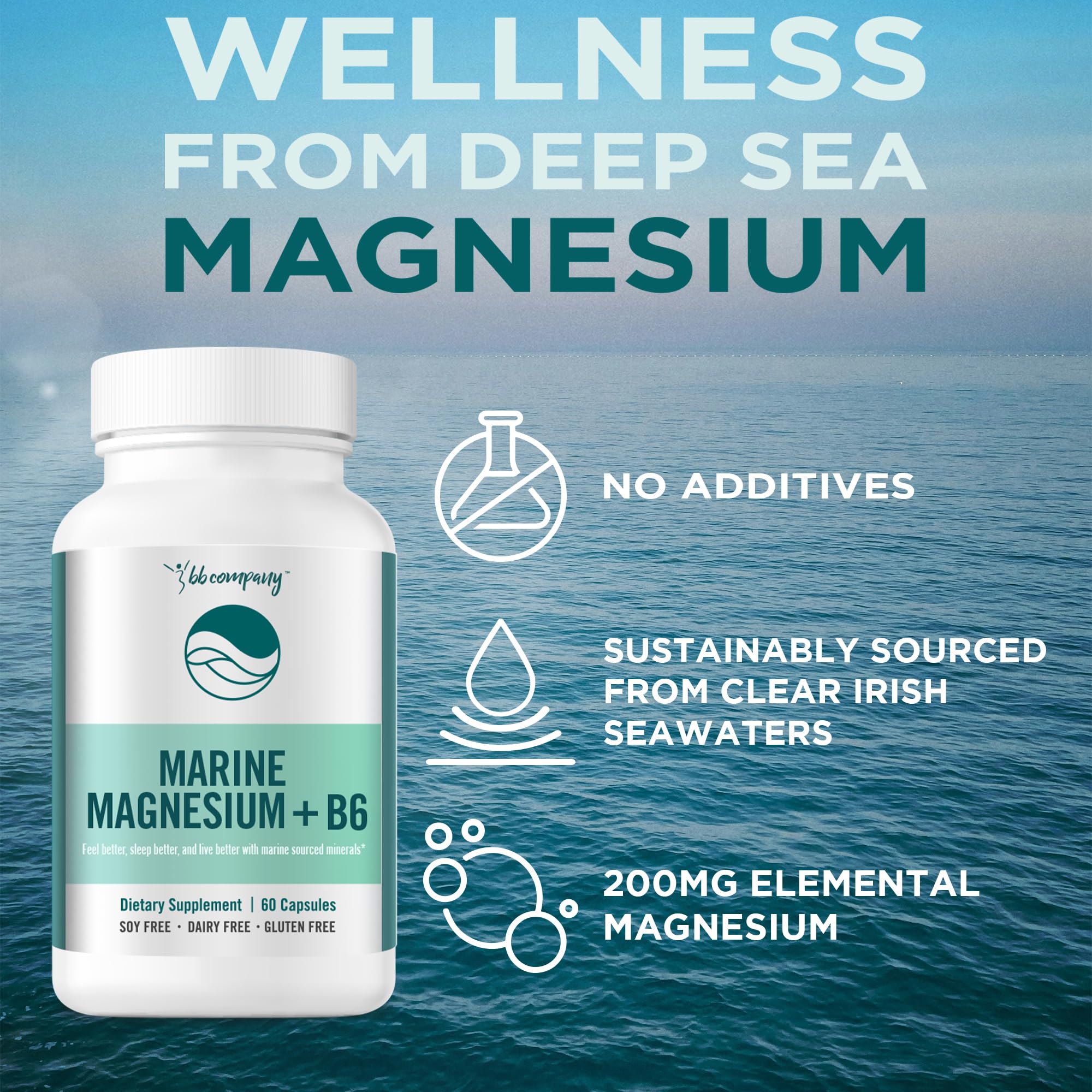 Ocean Magnesium 200mg Aquamin | More Soluble Than Magnesium Glycinate | Whole Food Mag B6 Supplement for Women | Gentle on Stomach & Vegan | Sleep Support, Calms Nerves & Leg Cramps | 60 Ct BB CompanyBuy Supplements Australia