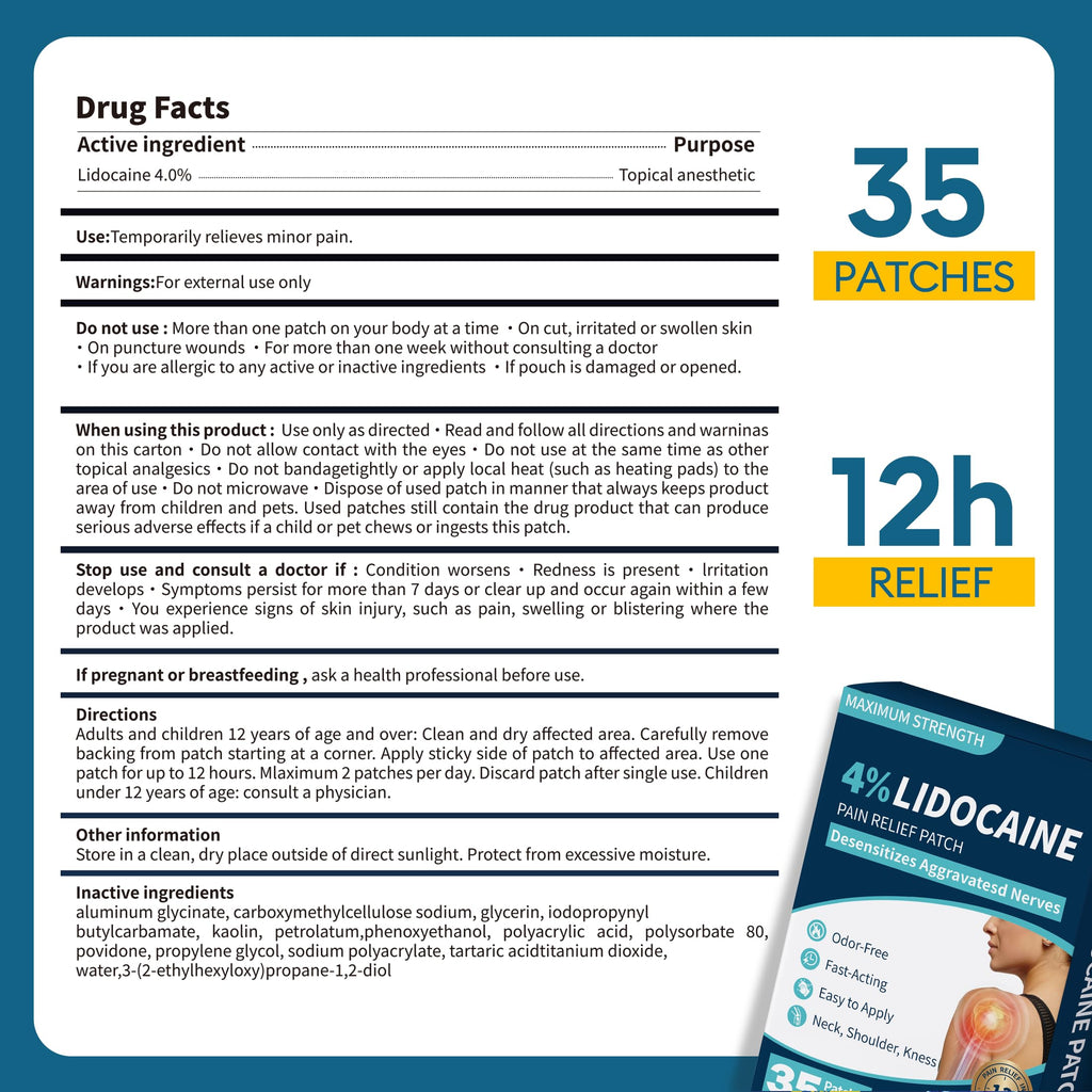 SZLGANG 4% Lidocaine Pain Relief Patches - (Large, 35, Count) Maximum Strength Relief for Back, Neck, Shoulder, Joint & Muscle Pain, 3.9”x 5.5”-03277 SZLGANGBuy Supplements Australia