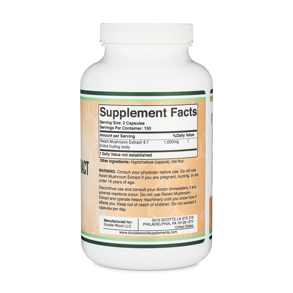 Reishi Mushroom Capsules (4:1 Ganoderma Extract, 1,000mg Red Reishi Powder Servings) Double Wood SupplementsBuy Supplements Australia