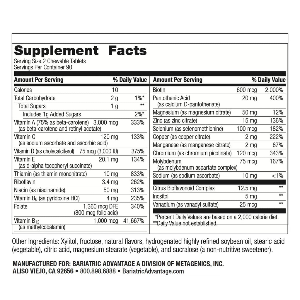 Bariatric Advantage Chewable Essential Multivitamin Without Iron - 200 DV of Key Nutrients - Trace Mineral Support Bariatric Advantage