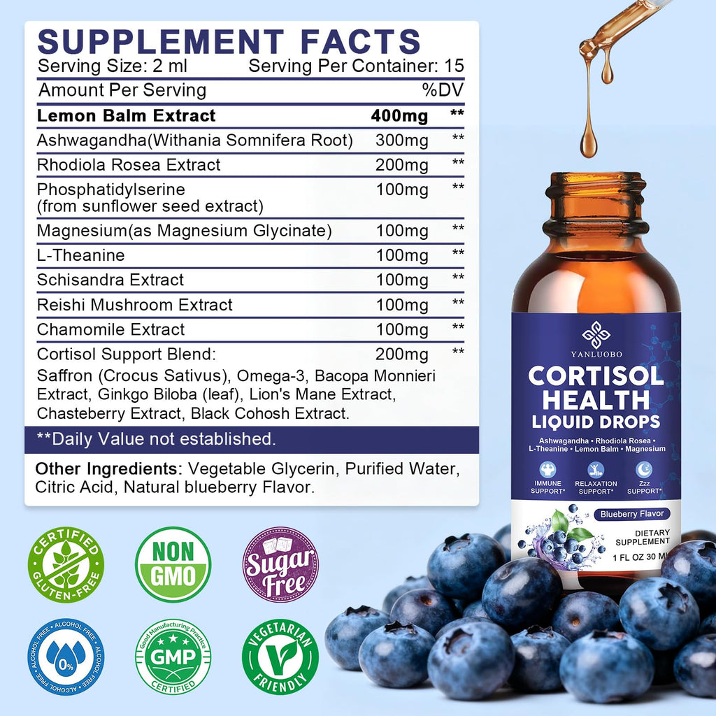 Cortisol Supplements for Women - Cortisol Manager Liquid Drops with Magnesium, Ashwagandha & Rhodiola rosea, L-theanine - Promotes Relaxation & Better Sleep, Mood, Blueberry Flavors, 1FL.OZ(2PC) YANLUOBOBuy Supplements Australia