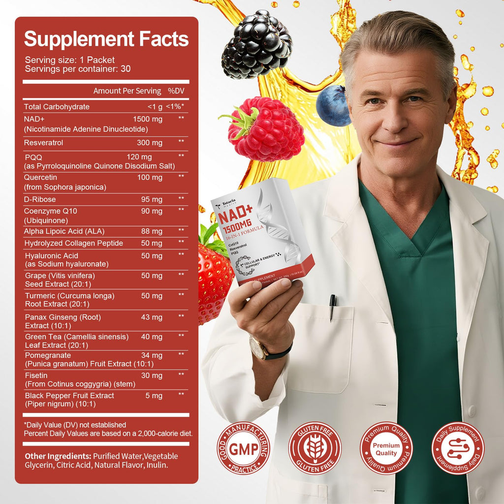 Totaria NAD Liquid Supplement 1500mg for Men & Women, Extra Strength NAD+, Resveratrol, PQQ, CoQ10, 16-in-1 Formula with Nicotinamide Riboside for Anti Aging, Energy, Immune, Focus (30 Packets) TotariaBuy Supplements Australia