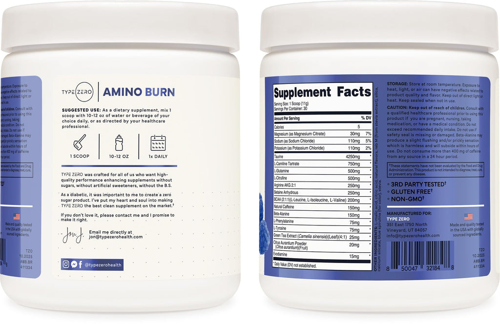 Type Zero Amino Burn - Vegan BCAA + Clean Pre Workout Powder with Arginine AKG, L-Citrulline & Beta Alanine - Amino Acid Clean Energy, Endurance & Hydration Supplement - Blue Raspberry, 30 Servings Type ZeroBuy Supplements Australia