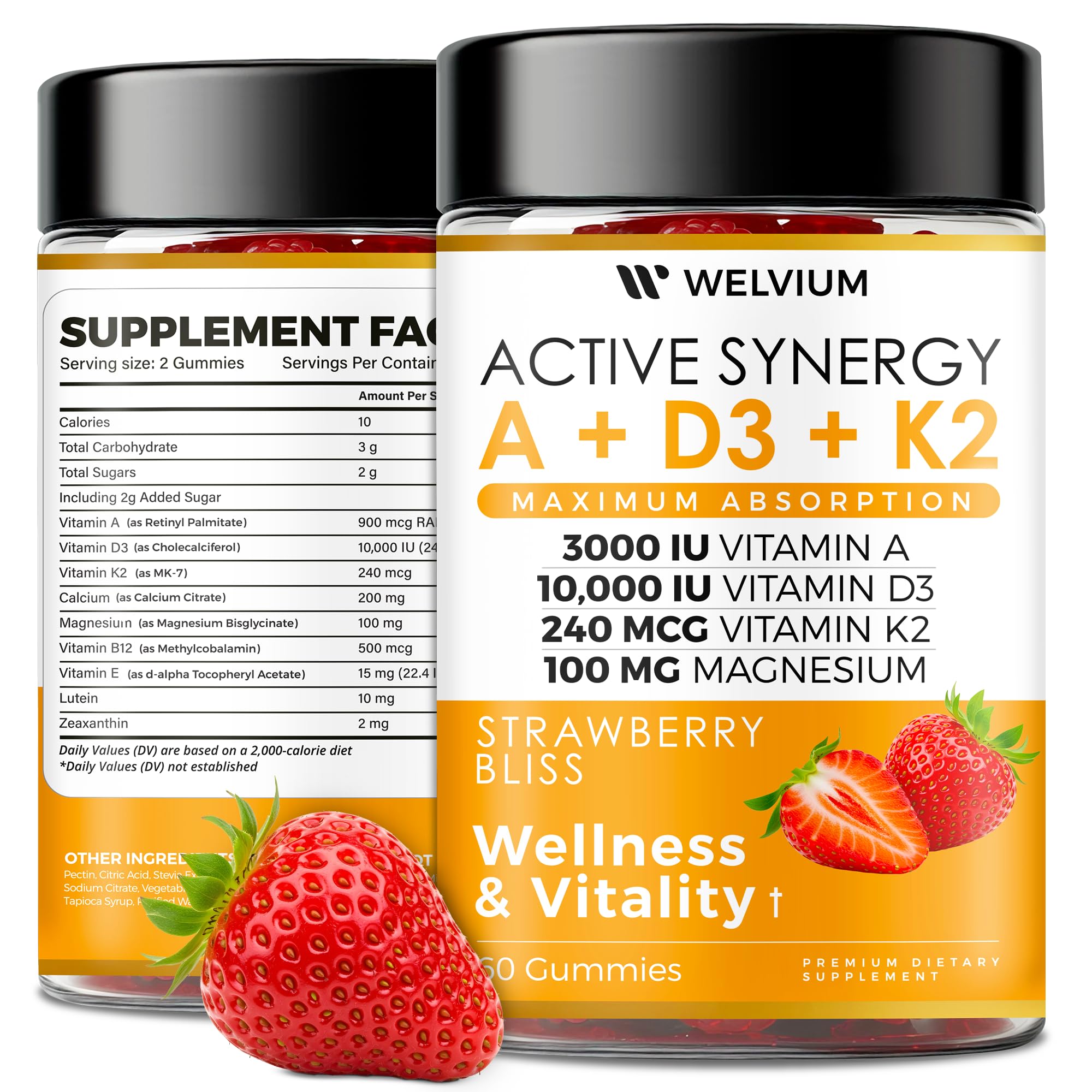 WELVIUM Vitamin D3 K2 Gummies 10000 IU with Magnesium Glycinate, Calcium, B12, K2 MK-7, Vitamins A, E, Lutein, Zeaxanthin - ADK Chewable Supplement for Bone, Eye, Immune Support - D3K2 Gummies WELVIUMBuy Supplements Australia