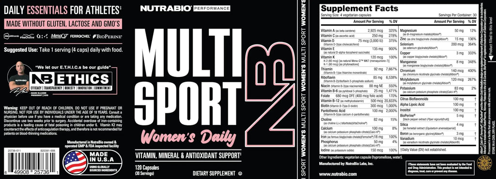 NutraBio Multisport for Women - Womens MultiVitamin - 33 Vitamins, Minerals, Micronutrients - Rich in Antioxidants NutraBio