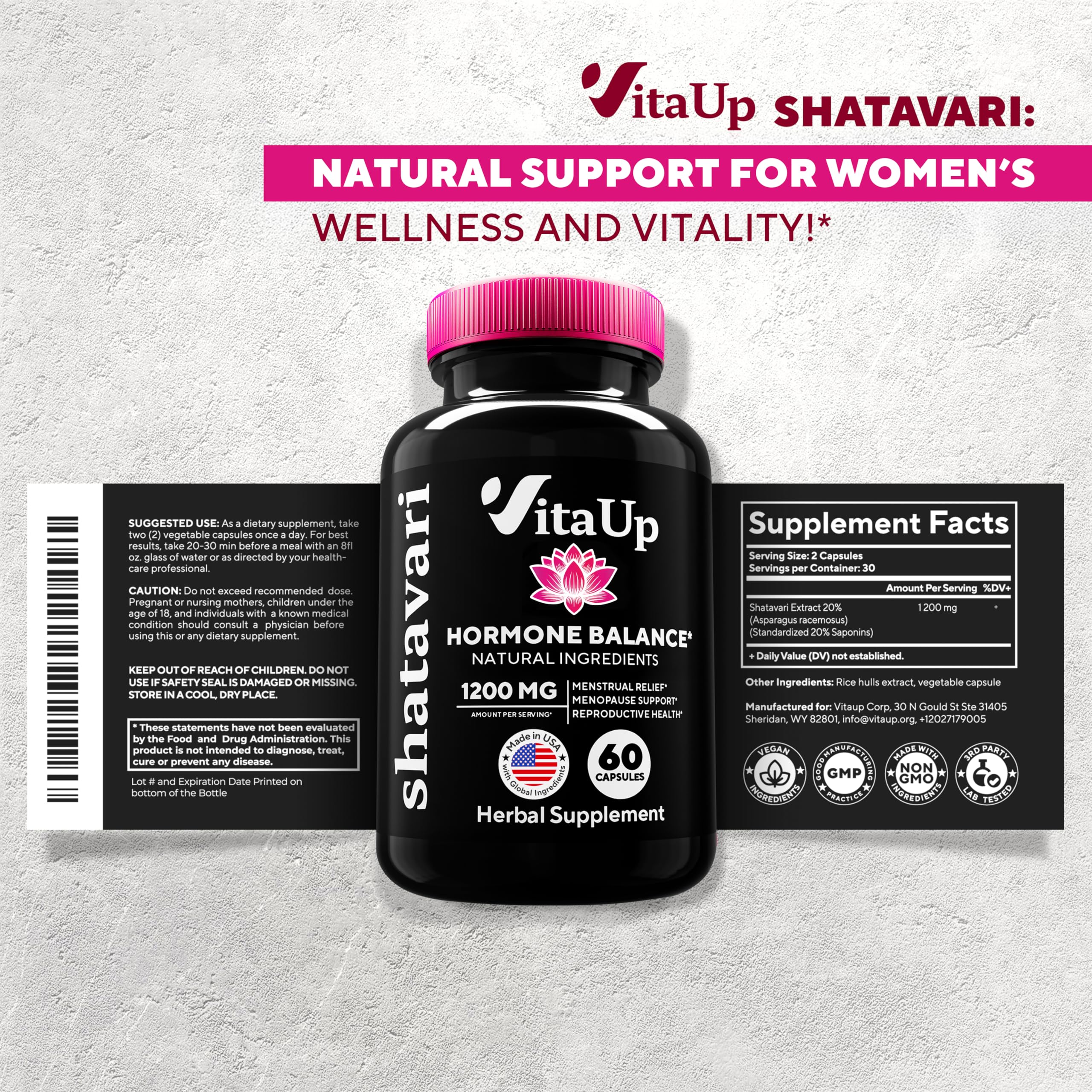 VitaUp Shatavari Capsules for Women 1200mg - USA Made Shatavari Root Supplement for Normal Hormonal Support, Menopause & Menstrual Wellness - 60 Vegan Capsules VitaUpBuy Supplements Australia