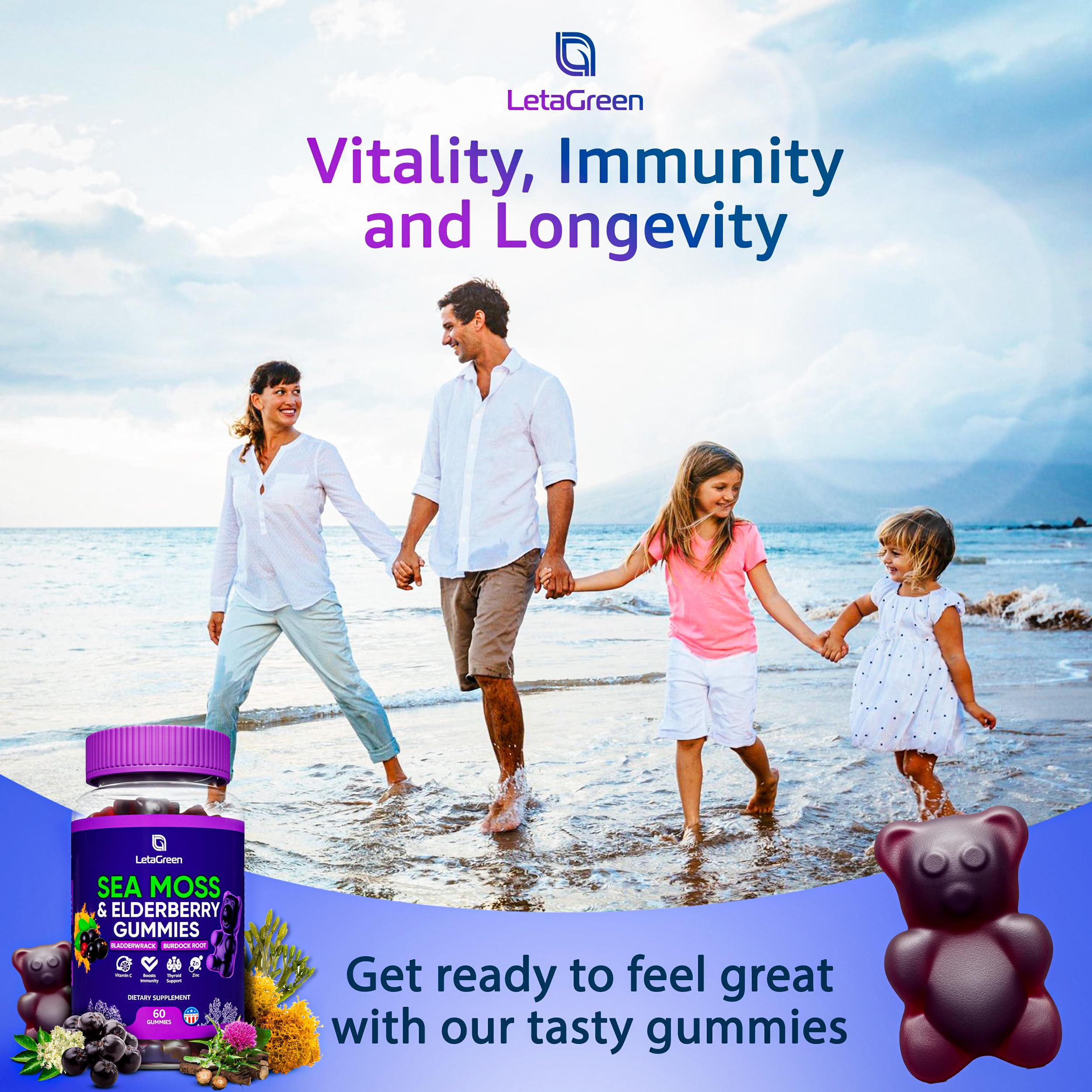 LetaGreen Irish Sea Moss Gummies - 60 Vegan Seamoss Gummies Bears LetaGreenBuy Supplements Australia