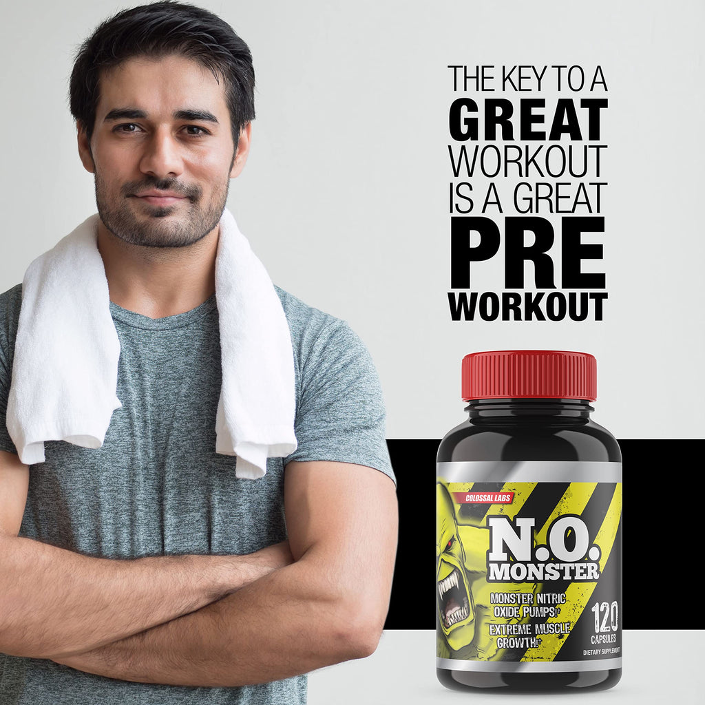Colossal Labs Nitric Oxide Booster with L-Arginine, Extreme Pumps to Build Strength and Muscle, Pre-Workout, 120 Capsules per Bottle