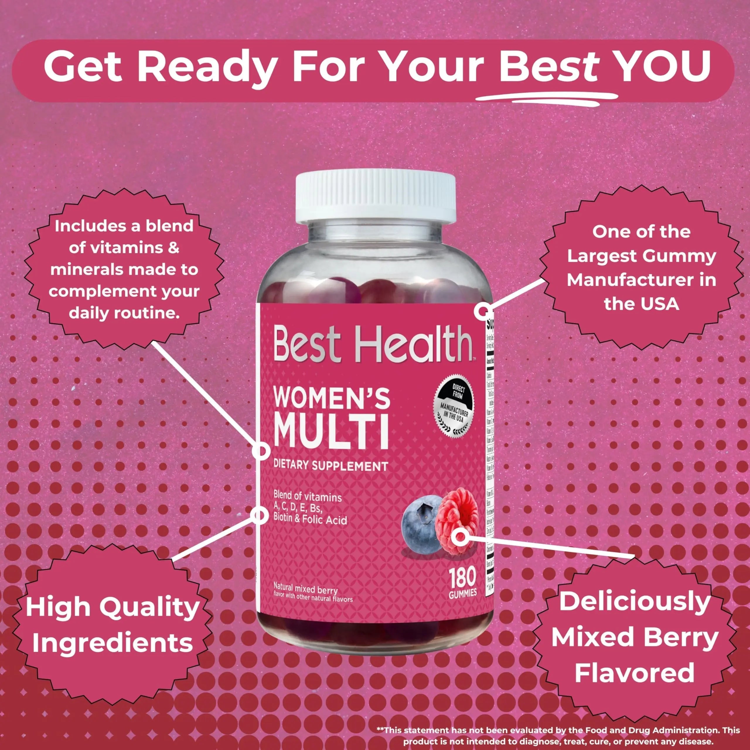 Best Health Women’s Multivitamin Gummies, Multivitamin for Women with Biotin, Folic Acid, Vitamins A,C,D,E,Natural Mixed Berry Flavor (180ct) Best HealthBuy Supplements Australia