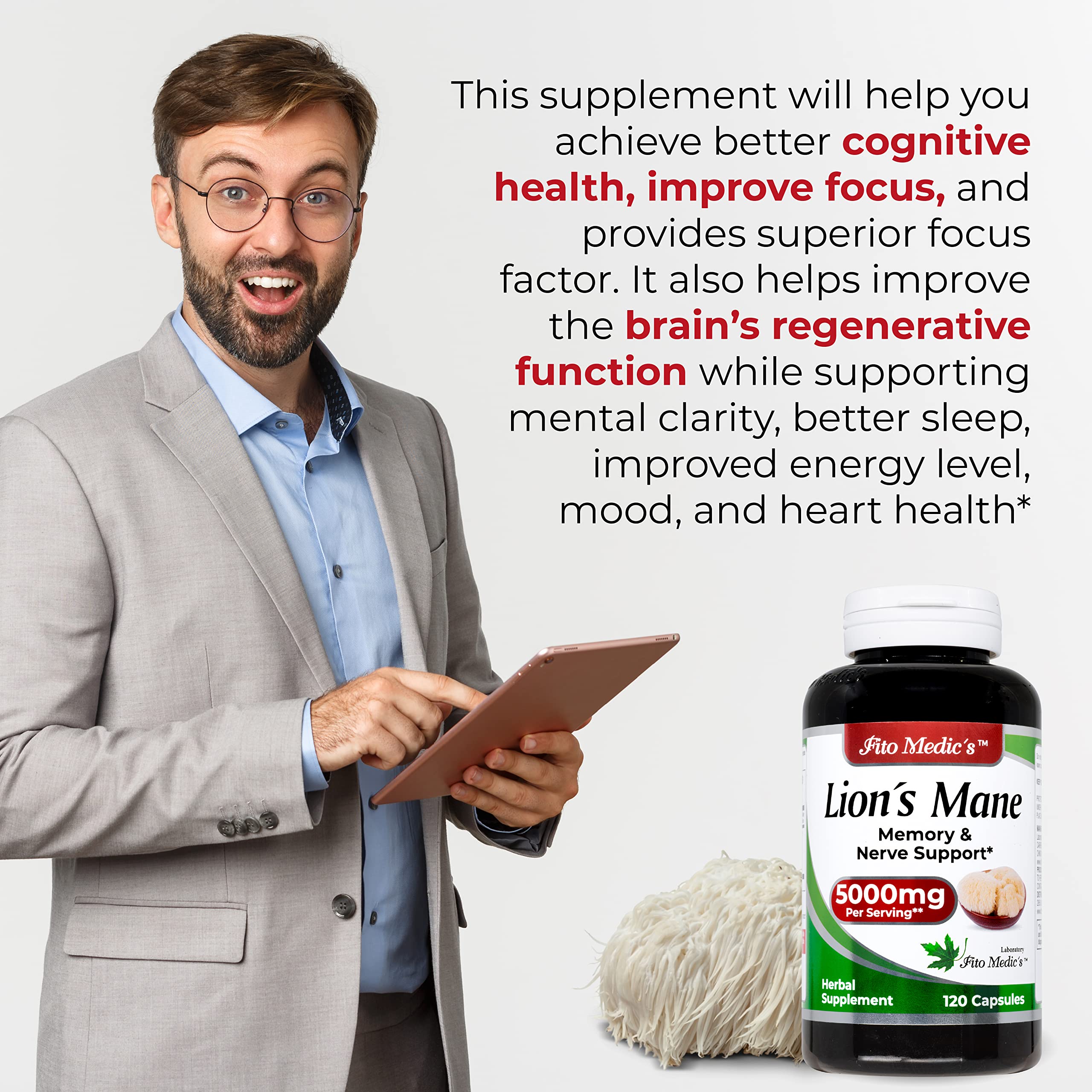 Lab | Lions Mane | 5000 mg per Serving | 120 Capsules | lions mane supplement | lions mane FITO MEDIC'SBuy Supplements Australia