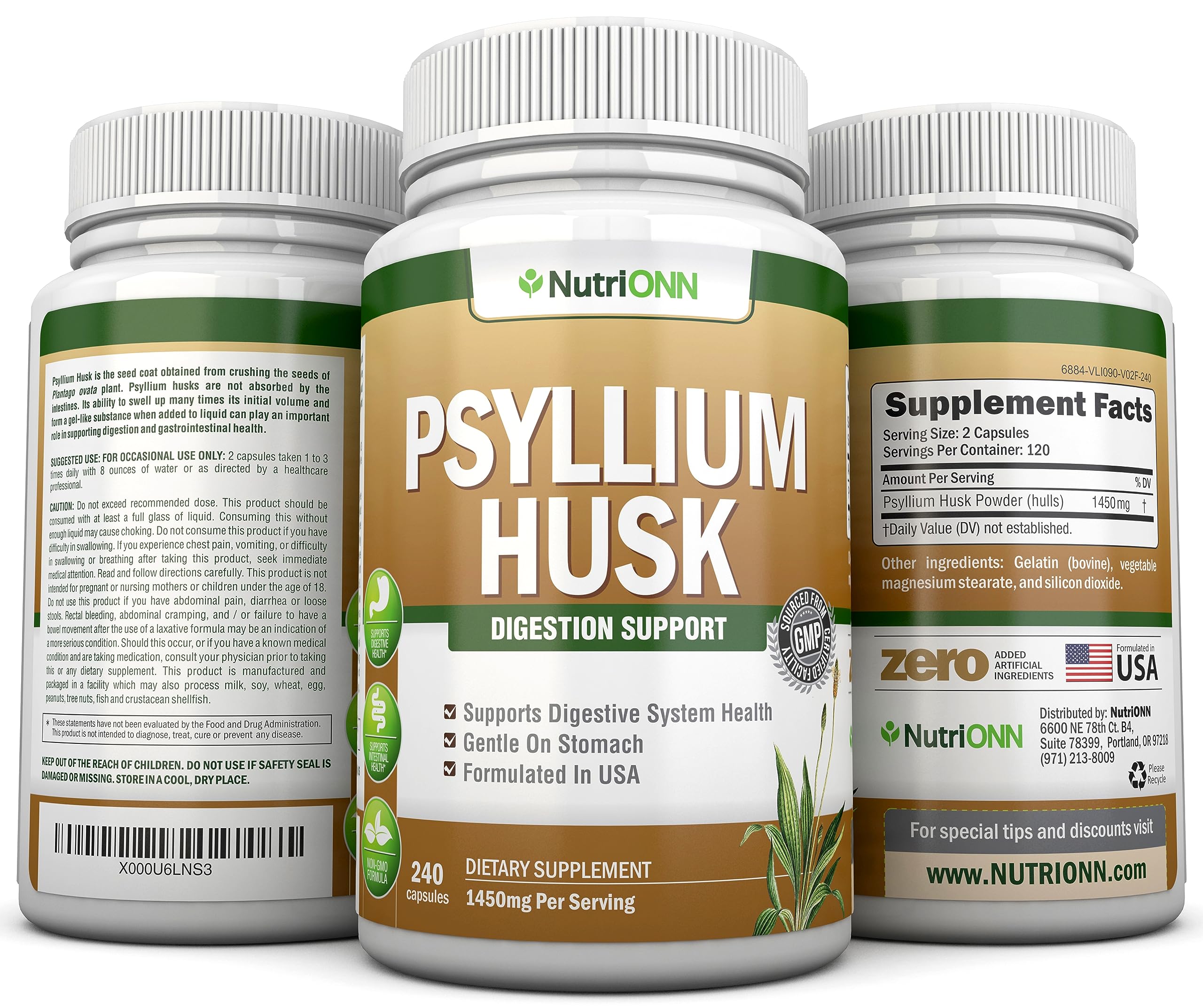 NutriONN PSYLLIUM Husk Capsules - 1450mg Per Serving - 240 Capsules - Double Strength NutriONNBuy Supplements Australia