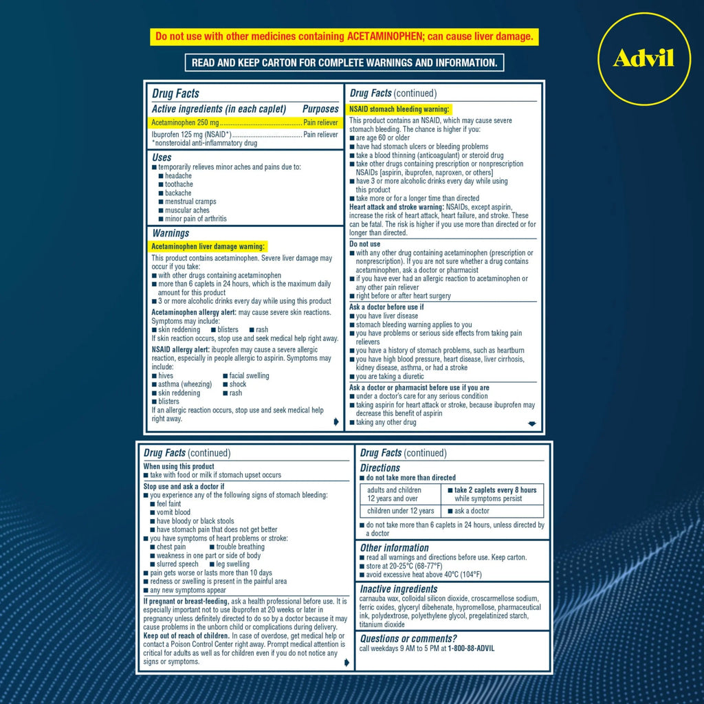 Advil Dual Action With Acetaminophen And Ibuprofen (2 Dose Equivalent) For 8 Hour Pain Relief, Coated 144 Ct Caplets And 2 Ct. Sample Of Advil PM AdvilBuy Supplements Australia