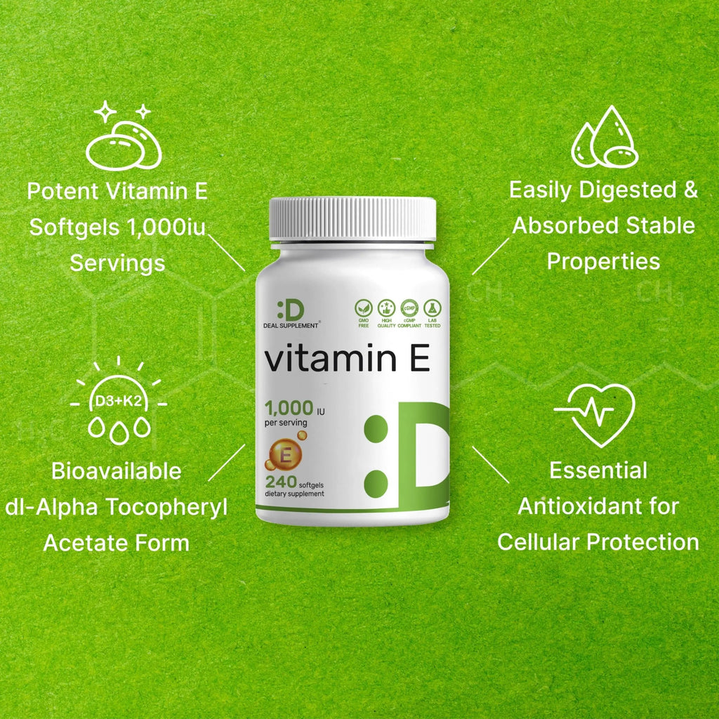 Vitamin E Supplements, 1,000 IU Per Serving, 240 Softgels – Extra Strength Antioxidant Protection – Bioavailable Stable Form DEAL SUPPLEMENTBuy Supplements Australia