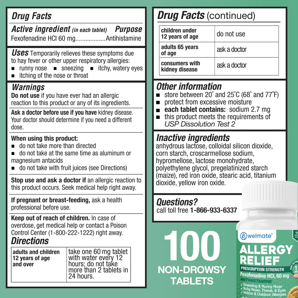 WELMATE - Fexofenadine Hydrochloride 60mg (100 Tablets) - Non Drowsy Allergy Medicine - 12 Hours - Antihistamine - Nose, Eyes, Throat - Generic Allergy Pills - Gluten Free, Over-the-Counter Medication WELMATE buy supplements Au