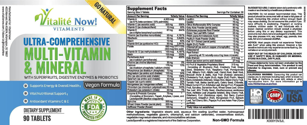Vegan Whole Food Multivitamin & Mineral - Vitamins A B1 B2 B6 B12 C D3 E & 110 Super Foods, Herbs, Greens & Reds Vitalité Now!Buy Supplements Australia