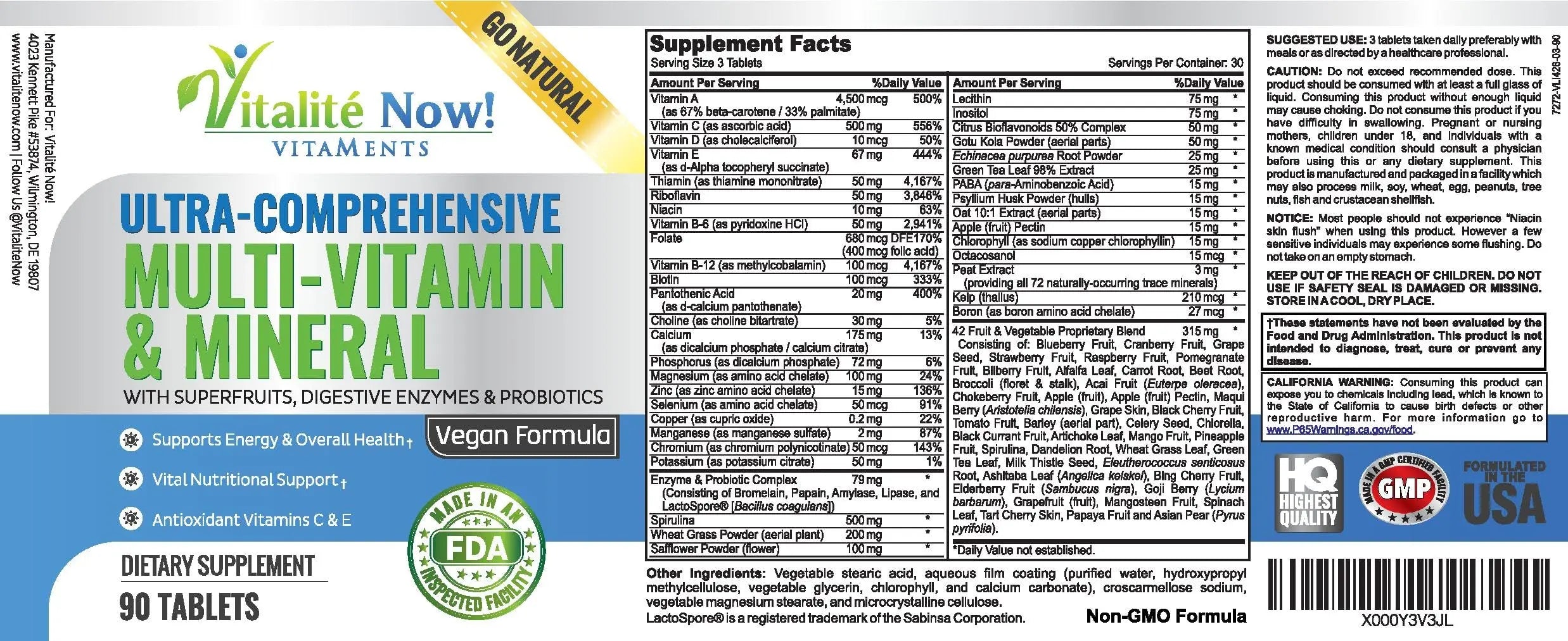 Vegan Whole Food Multivitamin & Mineral - Vitamins A B1 B2 B6 B12 C D3 E & 110 Super Foods, Herbs, Greens & Reds Vitalité Now!Buy Supplements Australia