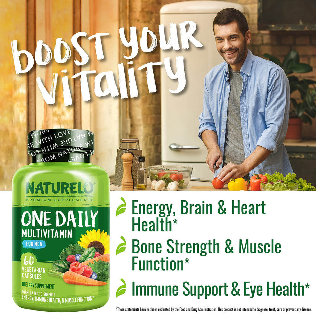 NATURELO Mens Multivitamins - One Daily Multivitamin for Men with Vitamins, Minerals & Organic Whole Foods, Boost Energy & Health,