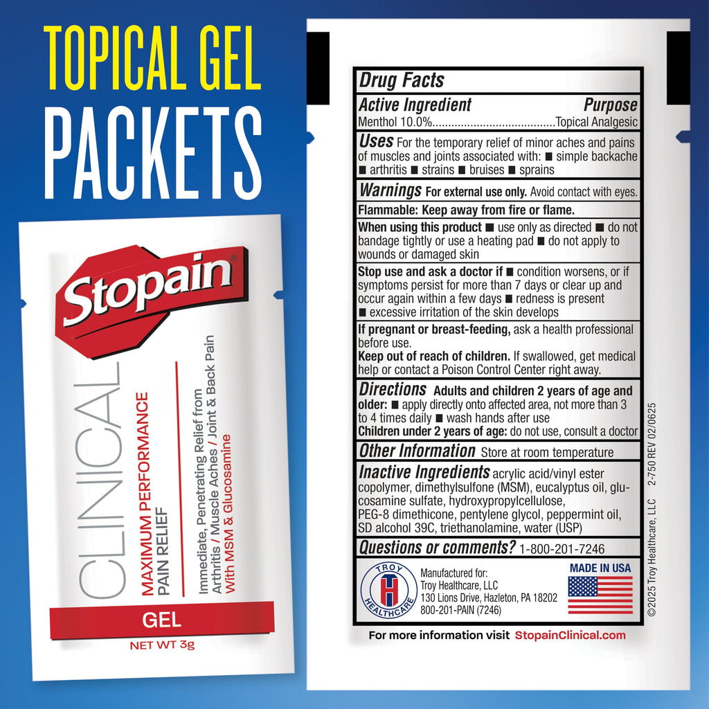 Stopain Pain Relief Clinical Gel Packets, Made in USA, Maximum Performance Pain Relief with 10% Menthol Plus Glucosamine for Muscle Aches, Joint Pain, and Arthritis (100 Pack) StopainBuy Supplements Australia
