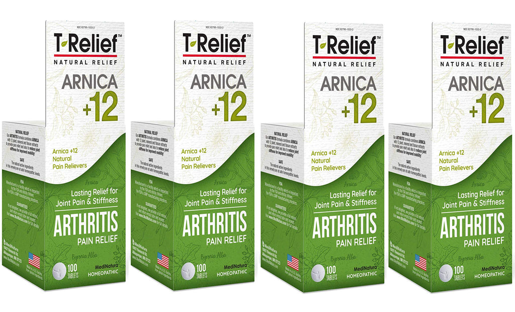 MediNatura T-Relief Extra Strength Arthritis Pain Reliever Arnica +12 Natural Medicines for Joint Soreness Stiffness Aches, Quick Dissolving Pain Relief for Women & Men - 100 Tablets (4 Pack) MediNaturaBuy Supplements Australia