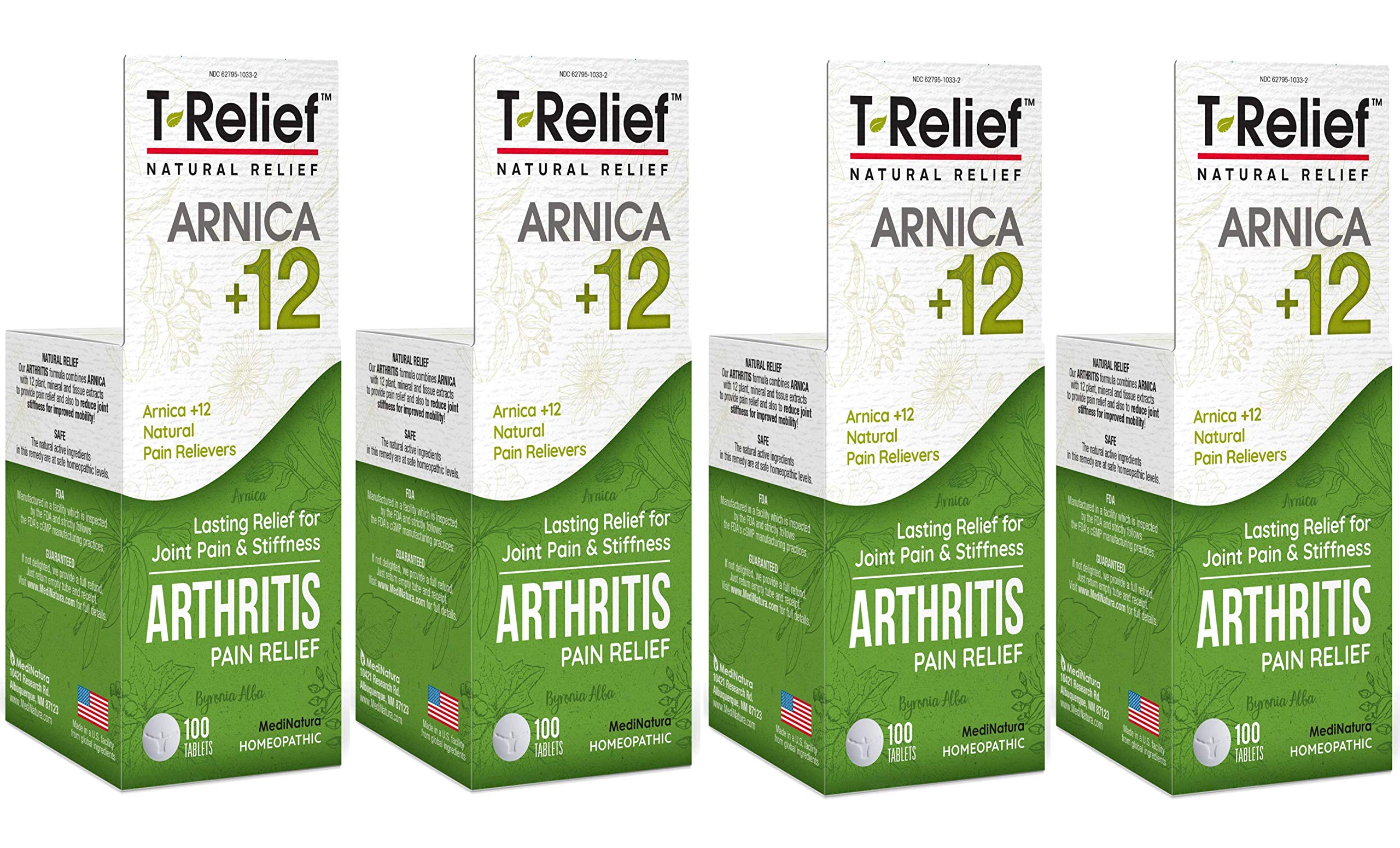 MediNatura T-Relief Extra Strength Arthritis Pain Reliever Arnica +12 Natural Medicines for Joint Soreness Stiffness Aches, Quick Dissolving Pain Relief for Women & Men - 100 Tablets (4 Pack) MediNaturaBuy Supplements Australia