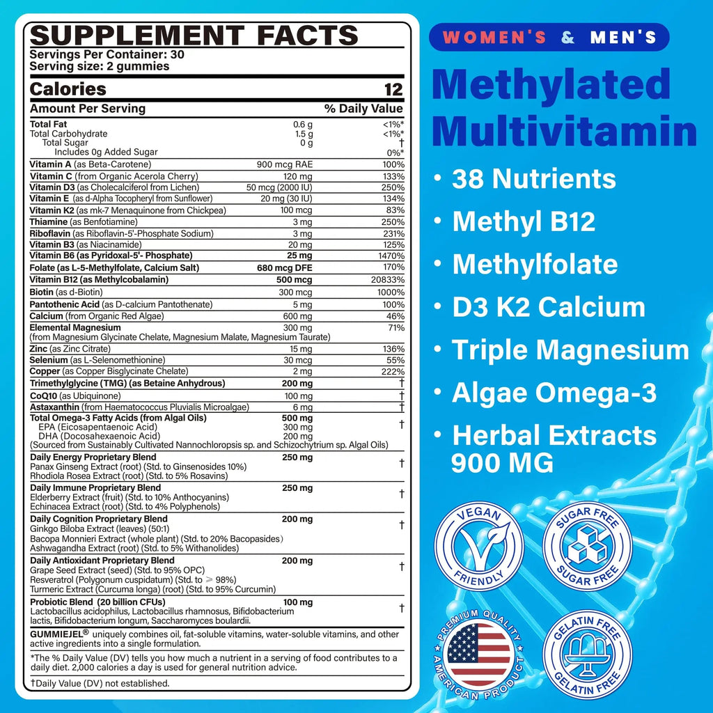 Methylated Multivitamin for Women & Men Gummies w/ Omega-3, Calcium, D3 K2, Methylfolate & B12, TMG, Daily Vitamin A, C, E, B Complex, Magnesium, CoQ10 NEVISSBuy Supplements Australia