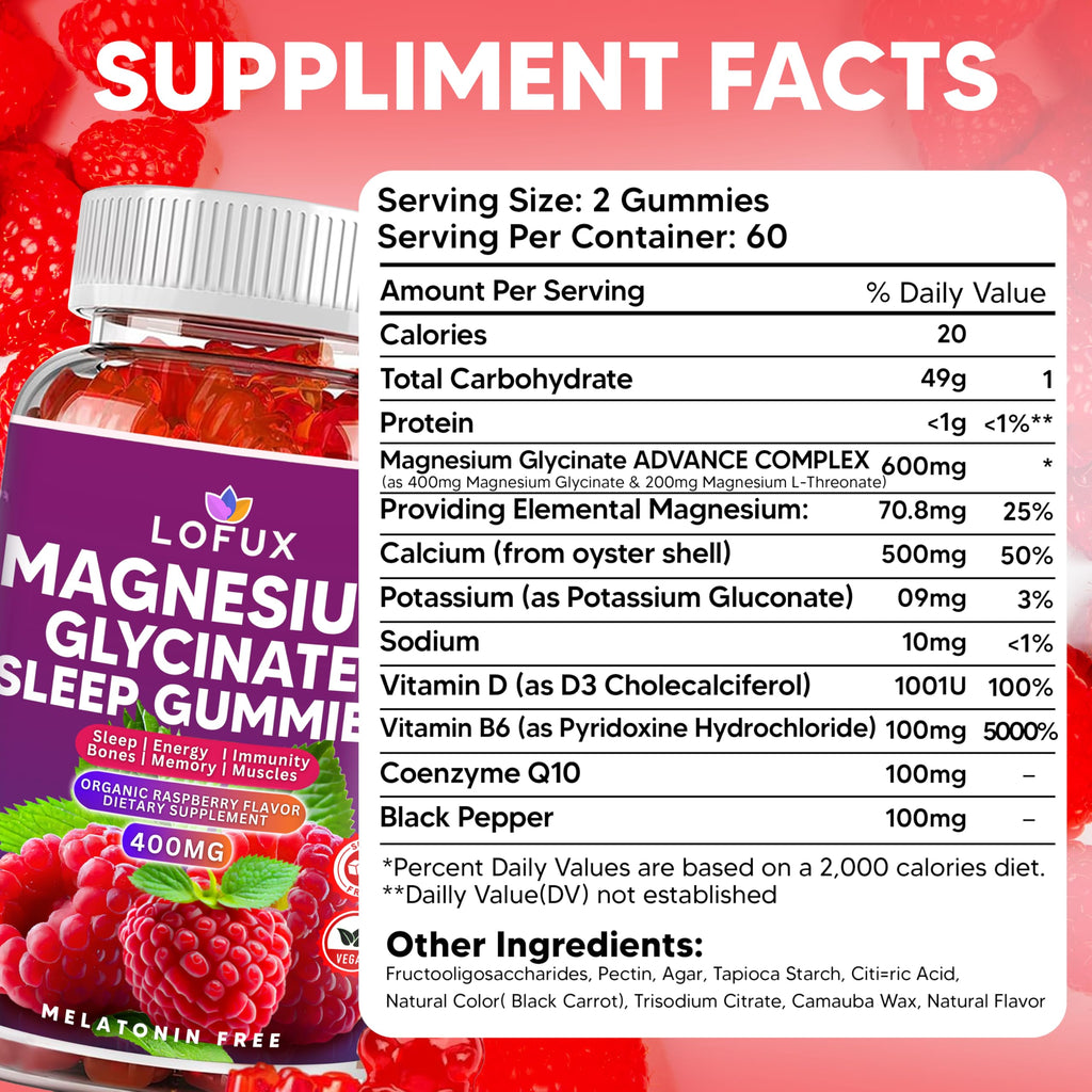 Lofux Magnesium Glycinate Gummies 400mg, Sugar Free Magnesium Gummies for Adults Women, Men, Chewable Supplement Gummy with L-Threonate, Vitamin D, B6, CoQ10 - for Calm, Sleep, Body Relaxation, 120 Ct LofuxBuy Supplements Australia