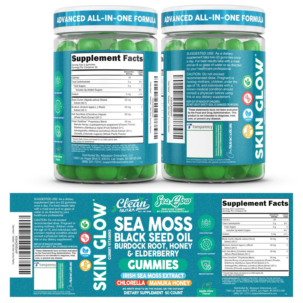 Clean Nutra Sea Moss Gummies Black Seed Oil Chlorella Ashwagandha Root Hair Growth Skin Glow Irish Sea Moss Elderberry Burdock Manuka Honey Trace Minerals Detox 60 Gummy Vitamins Sea Glow Supplement Clean NutraceuticalsBuy Supplements Australia