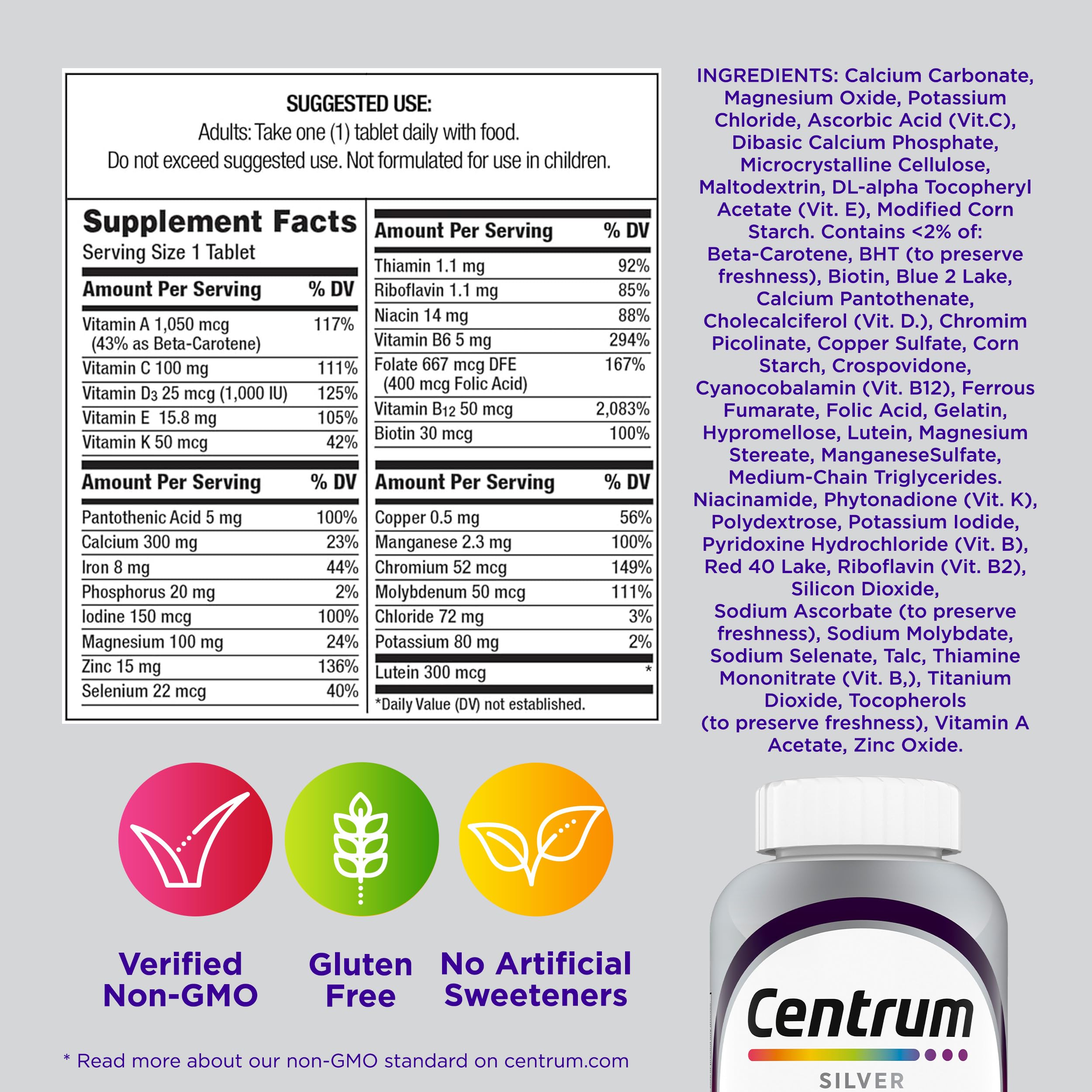 Centrum Silver Women's Multivitamin for Women 50 Plus, Multivitamin/Multimineral Supplement with Vitamin D3, B Vitamins, Non-GMO Ingredients