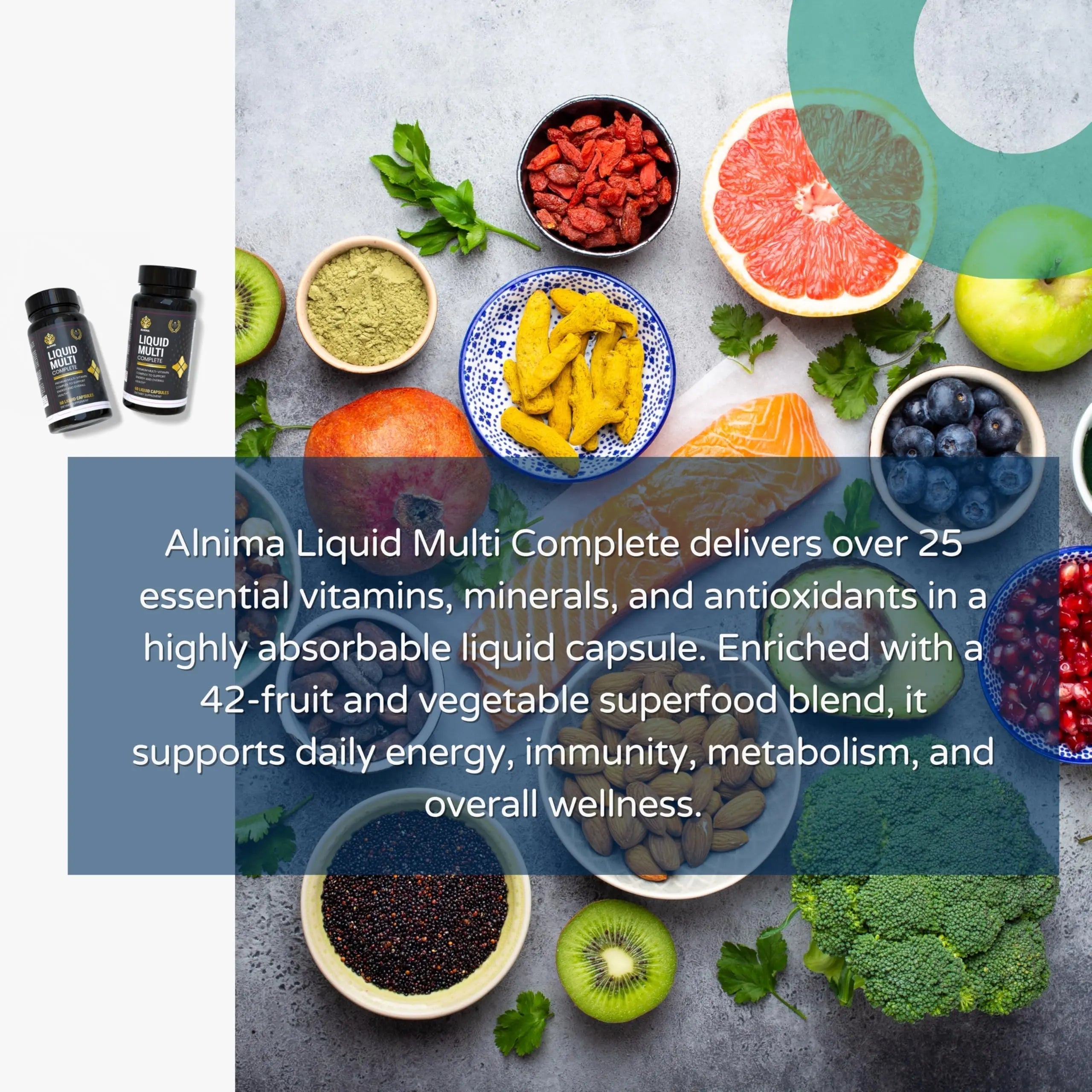 ALNIMA Halal Liquid Multivitamin Complete – Energy & Immune Support with 29 Essential Nutrients | 60 Liquid Capsules – Halal Certified ALNIMA