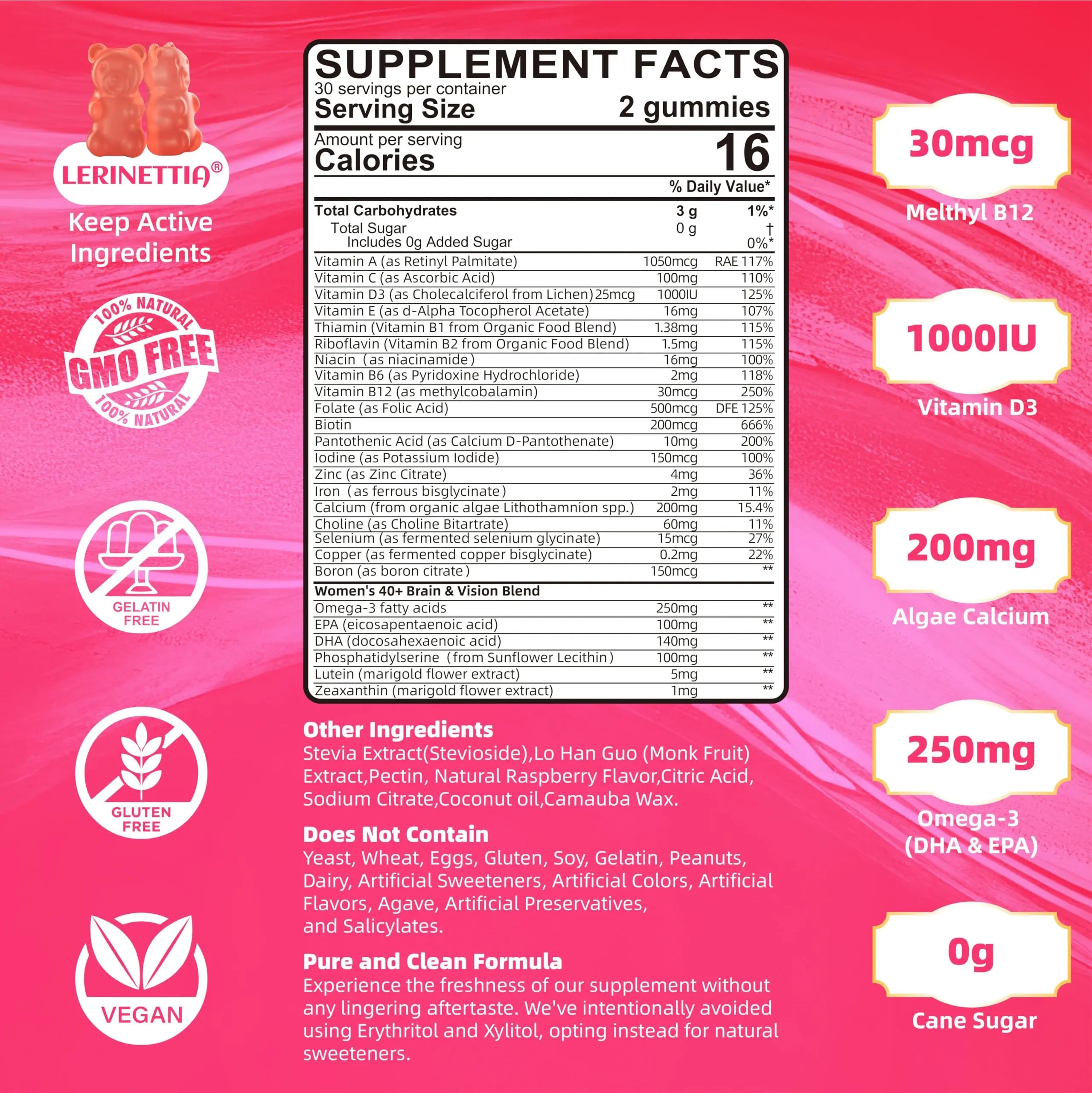 Multivitamin for Women Gummies for 40+ with Omega-3, Niacinamide, B-Complex, Lutein, Iron, Choline, Phosphatidylserine, Vitamin D3 LerinettiaBuy Supplements Australia