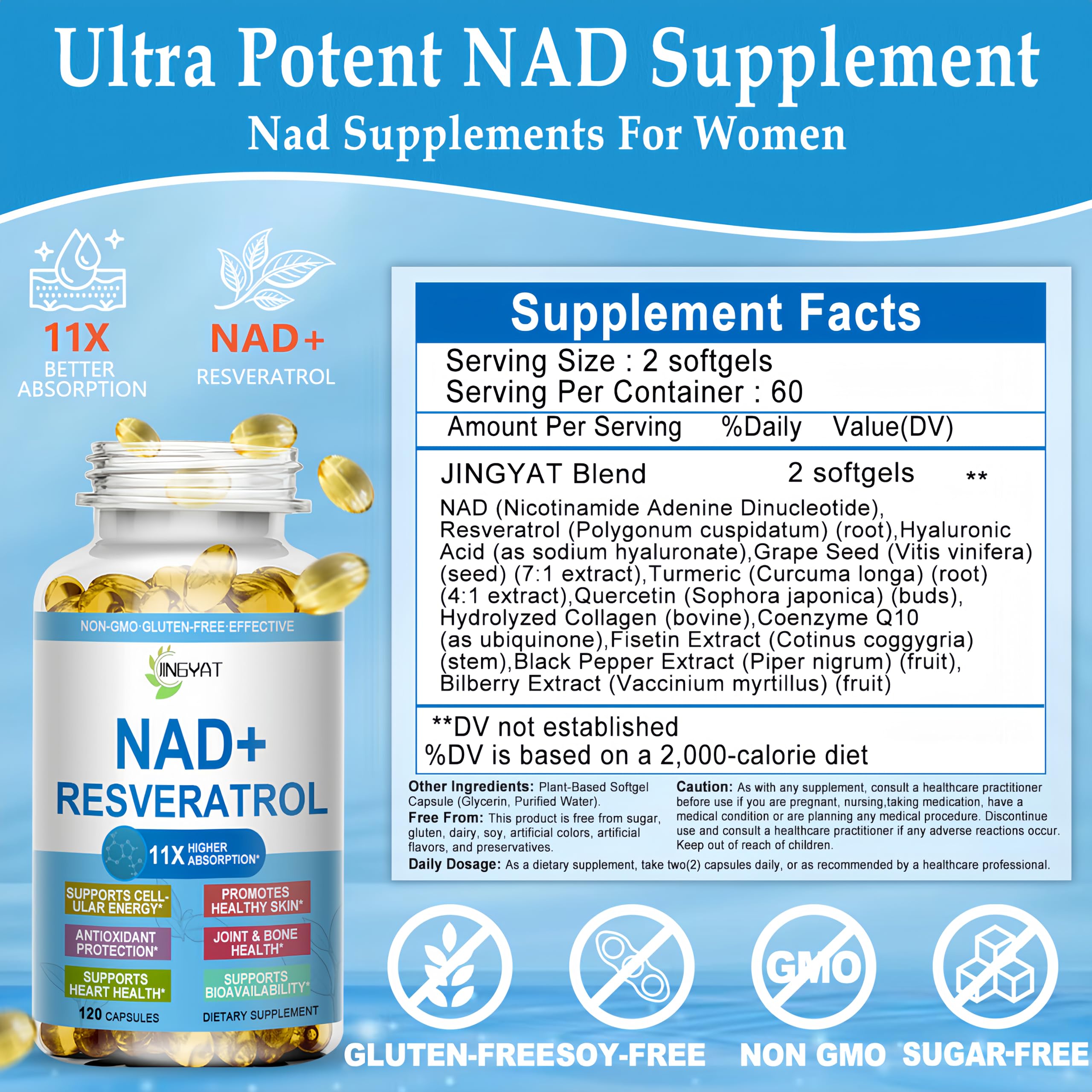 JINGYAT 11-in-1 NAD Supplement with Resveratrol, CoQ10, Quercetin, Collagen, Grape Seed for Cellular Energy, Mental Focus & Antioxidant Support - NAD Supplement for Women & Men, 120 Soft Capsules JINGYATBuy Supplements Australia