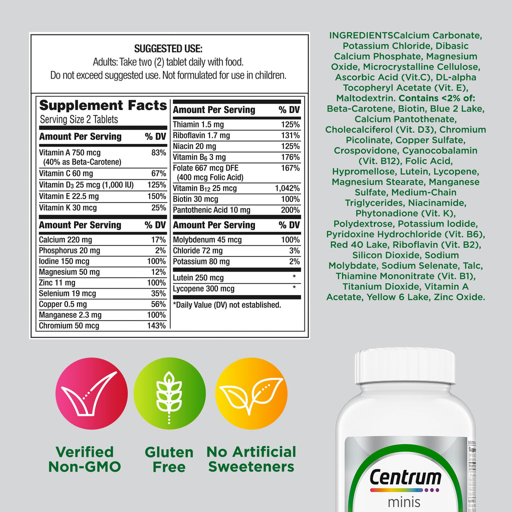 Centrum Minis Silver Multivitamin for Adults 50 Plus, Multimineral Supplement, Vitamin D3, B-Vitamins, Gluten Free, Non-GMO Ingredients CentrumBuy Supplements Australia