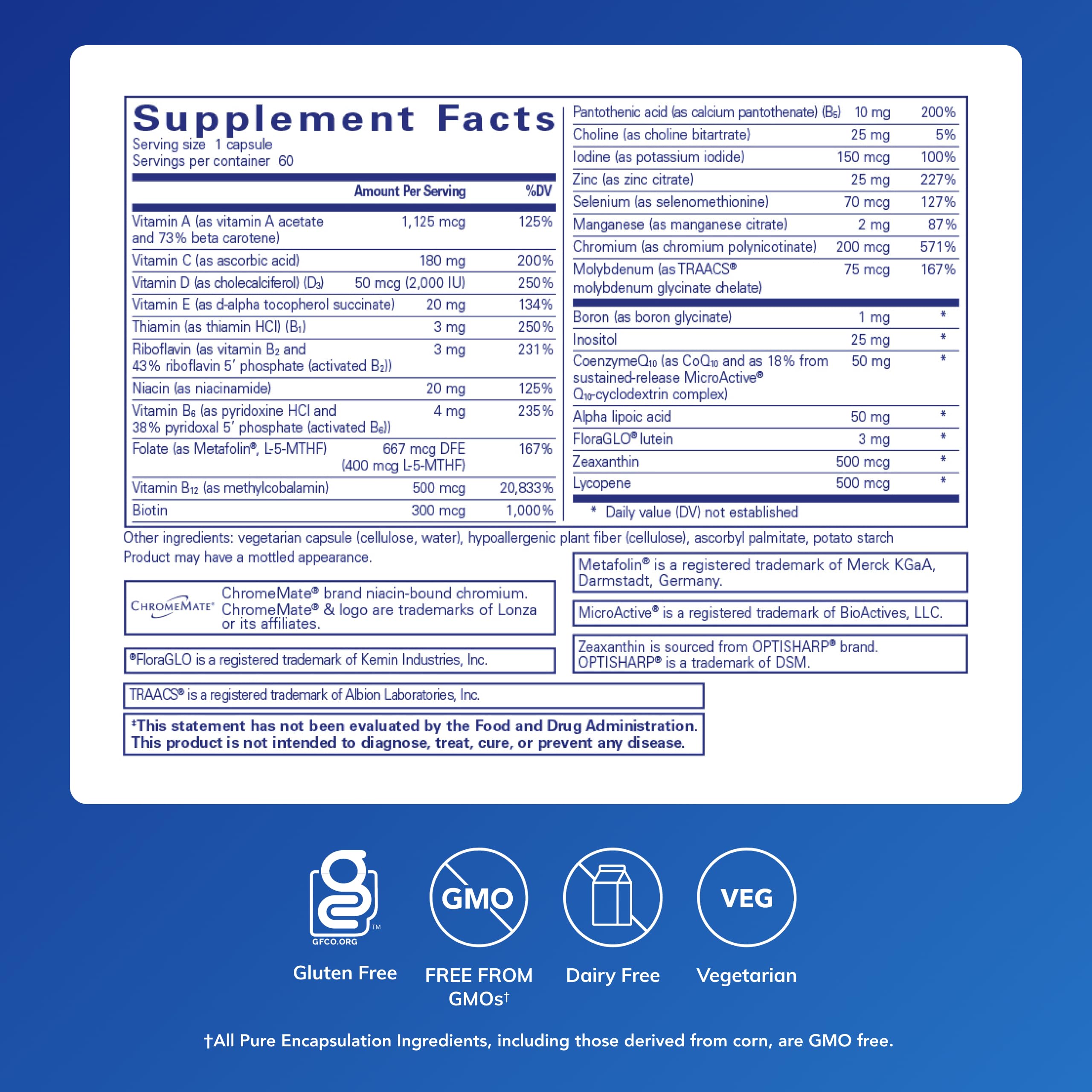Pure Encapsulations O.N.E. Multivitamin - Once Daily Multivitamin with Antioxidant Complex Metafolin, CoQ10, and Lutein to Support Vision