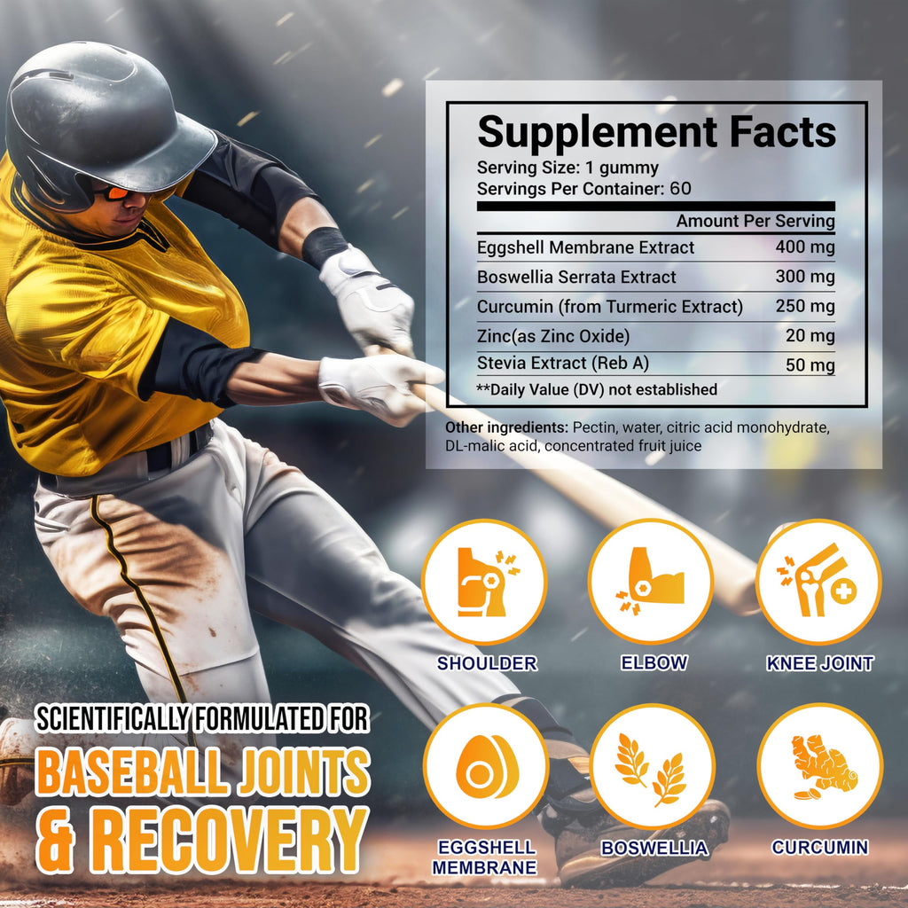 MYRELI Eggshell Membrane 400mg, Boswellia 300mg, Curcumin 250mg & Zinc 20mg Gummies - Baseball Athlete Joint Support, Flexibility, Recovery, Antioxidant, Energy, Endurance - Vegan, Non-GMO, 60 Gummies MYRELIBuy Supplements Australia